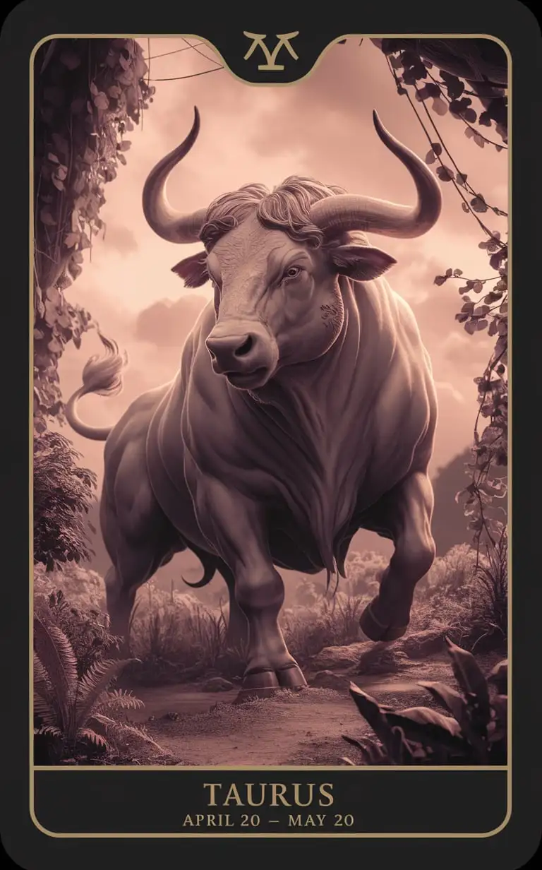 Draw a HQ "Title: Taurus" hand draw tarot card featuring "Subtitle: April 20 - May 20" premium 14PT black card stock authenticated breathtaking 8k 16k hand draw visuals /"A majestic bull with powerful horns, a strong build, and a gentle gaze, surrounded by lush vegetation or a serene landscape."/, complex fandom artwork, Add_Details_XL-fp16 algorithm, 3D octane rendering style (3DMM_V12) with the mdjrny-v4 style, infused with global illumination --q 200 --s 275 --ar 3:4 --c 500 --w 500