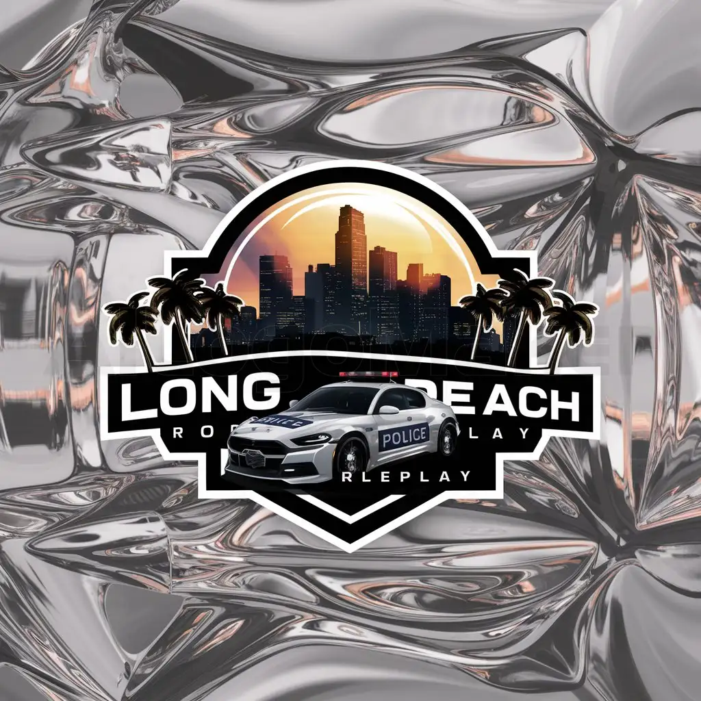 a logo design,with the text "Long Beach Roleplay", main symbol:A modern Fivem roleplay server logo with a hyper realistic city skyline and hyper realistic police vehicle infront of the skyline with palm trees on the side,complex,clear background