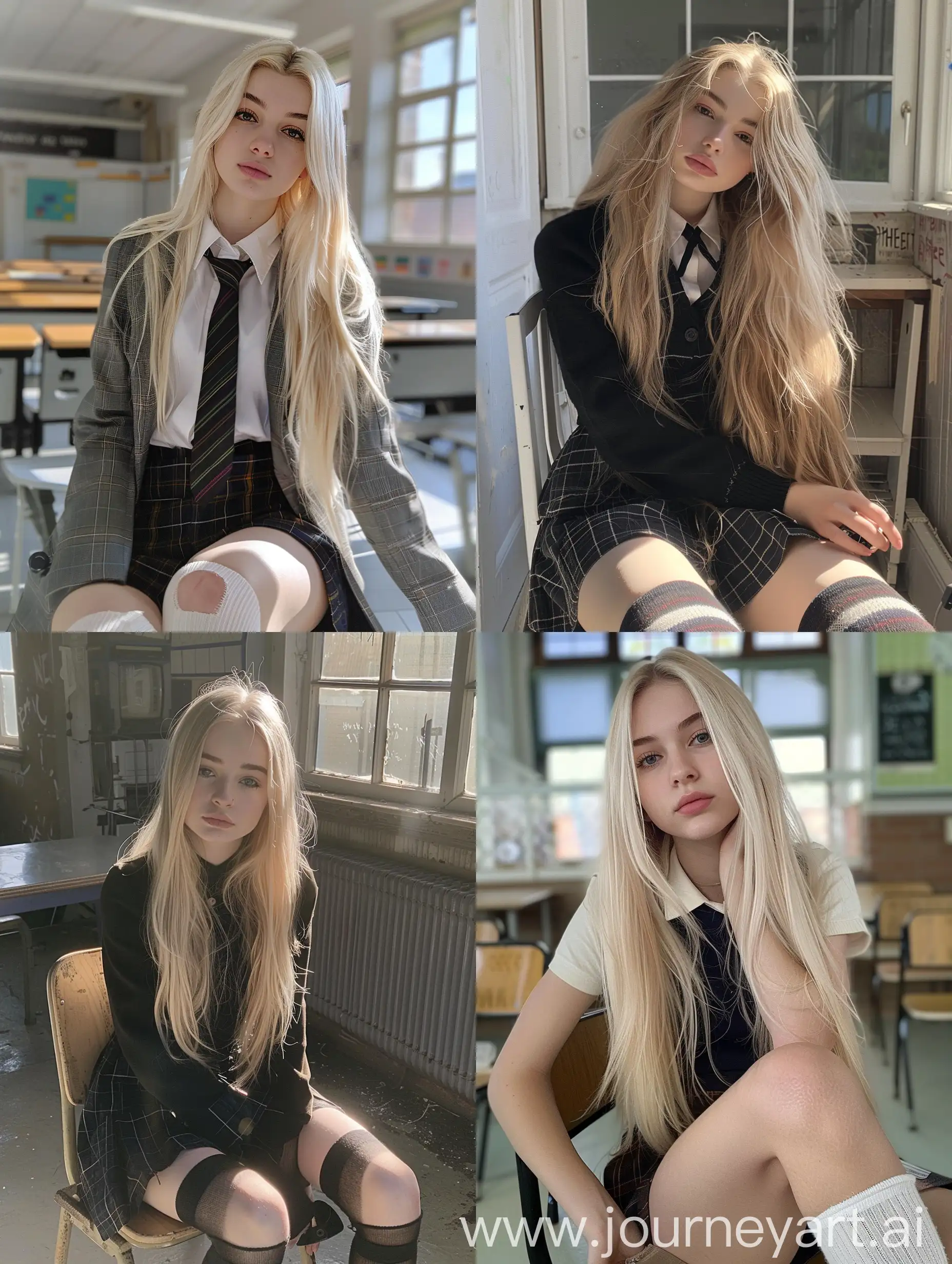 1  girl,    long  blond  hair ,   22  years  old,    influencer,    beauty   ,     in  the  school    ,school  uniform  ,  makeup,       sitting  on  chair  ,    socks  and  boots,    no  effect,     selfie   , iphone  selfie,      no  filters ,   iphone  photo    natural