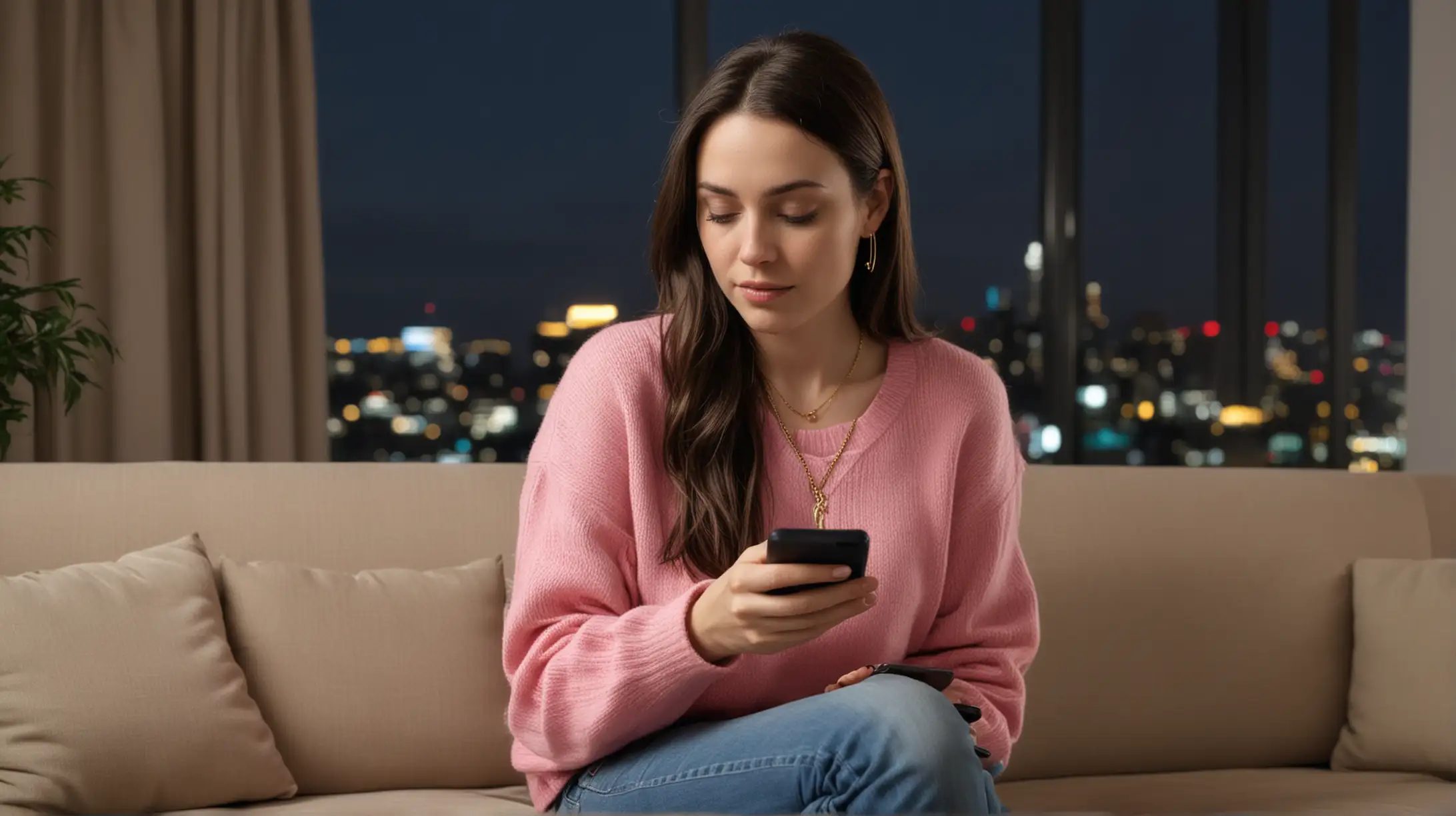30 year old pale white woman with long dark brown hair and gold necklace, pink sweater and blue jeans. She is sitting on a couch in a modern apartment, looking at a smartphone, urban high rise background at night