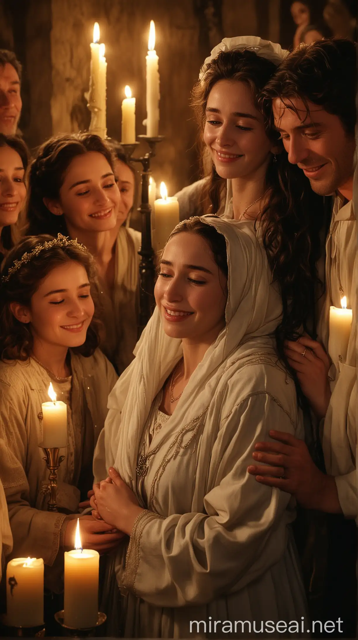 A heartwarming scene showing Mary and others embracing Peter warmly, with tears of joy streaming down their faces. Show Rhoda a beautiful young Jewish girl beaming with happiness in the background, surrounded by candles and symbols of faith."In ancient world 