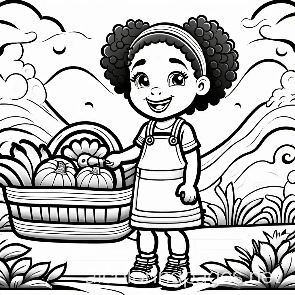 African American Toddler girl cartoon character, curly pigtails, happy smiling carrying baskets with fresh vegetables to a truck The overall atmosphere should be playful and whimsical, capturing the joy , Coloring Page, black and white, line art, white background, Simplicity, Ample White Space. The background of the coloring page is plain white to make it easy for young children to color within the lines. The outlines of all the subjects are easy to distinguish, making it simple for kids to color without too much difficulty