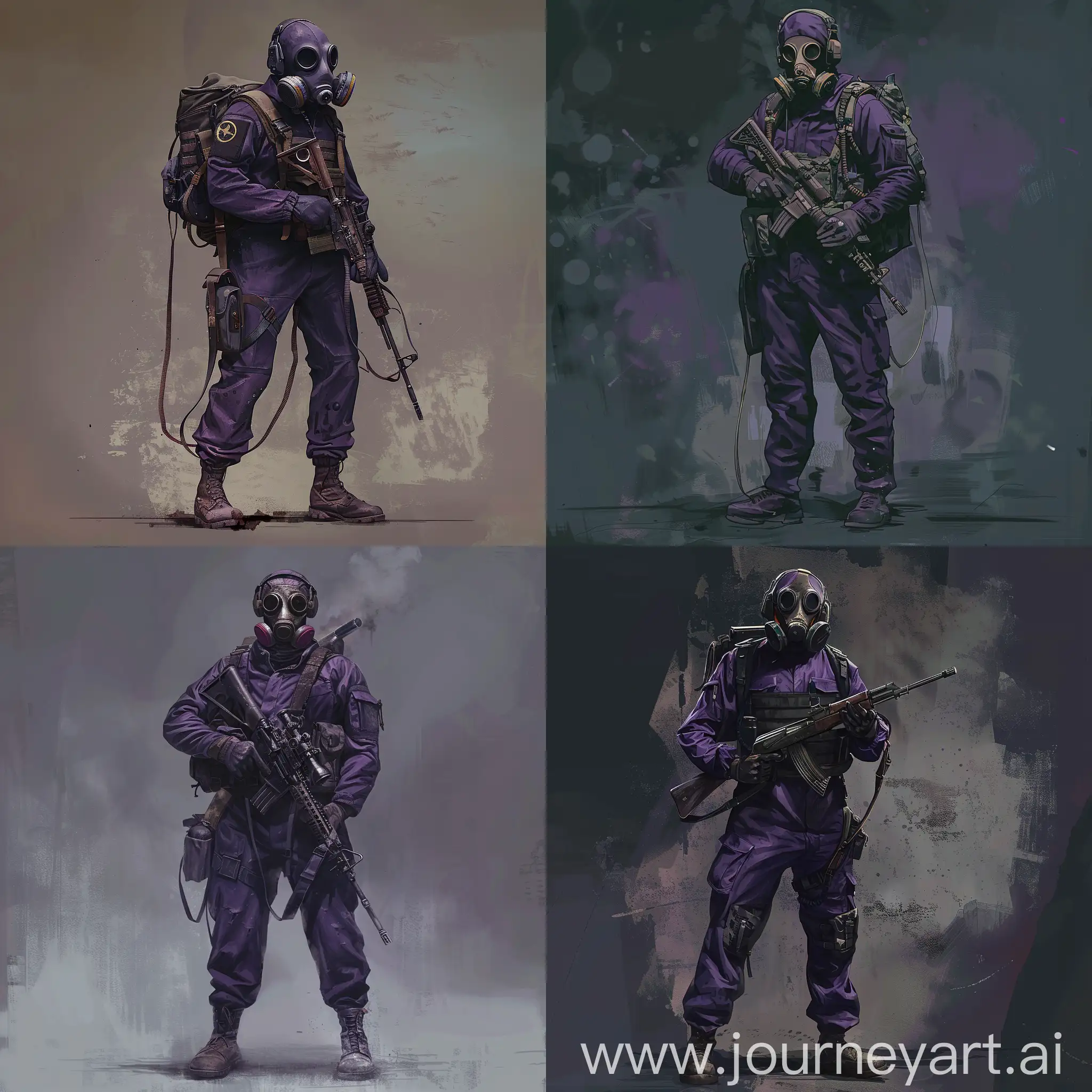 Concept character art, dark purple military jumpsuit, gasmask on his face, small military backpack, military unloading on his body, sniper rifle in his hands.