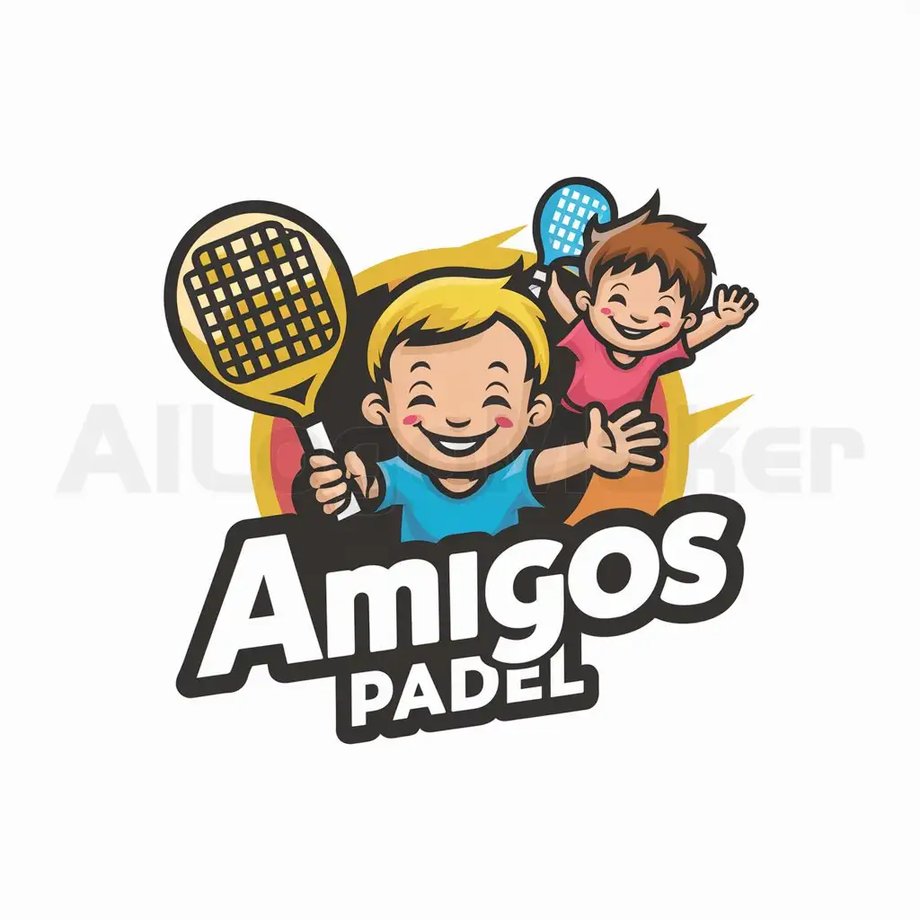 a logo design,with the text "Amigos Padel", main symbol:two kids and padel racket, vibrant colors for kids,Moderate,be used in Sports Fitness industry,clear background