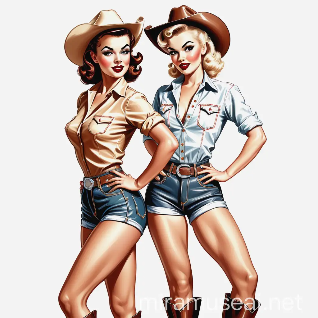 Retro Cowgirls Vector Illustration in Distinctive Poses and Attire
