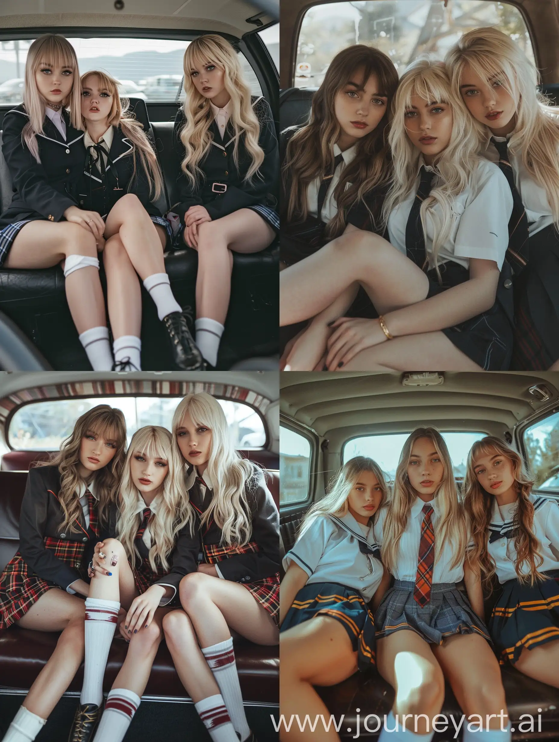 3 women, sitting, fat legs, blonde hair, 22 years old,  inside car, school uniform, , makeup, no filters, no effects, natural photo
