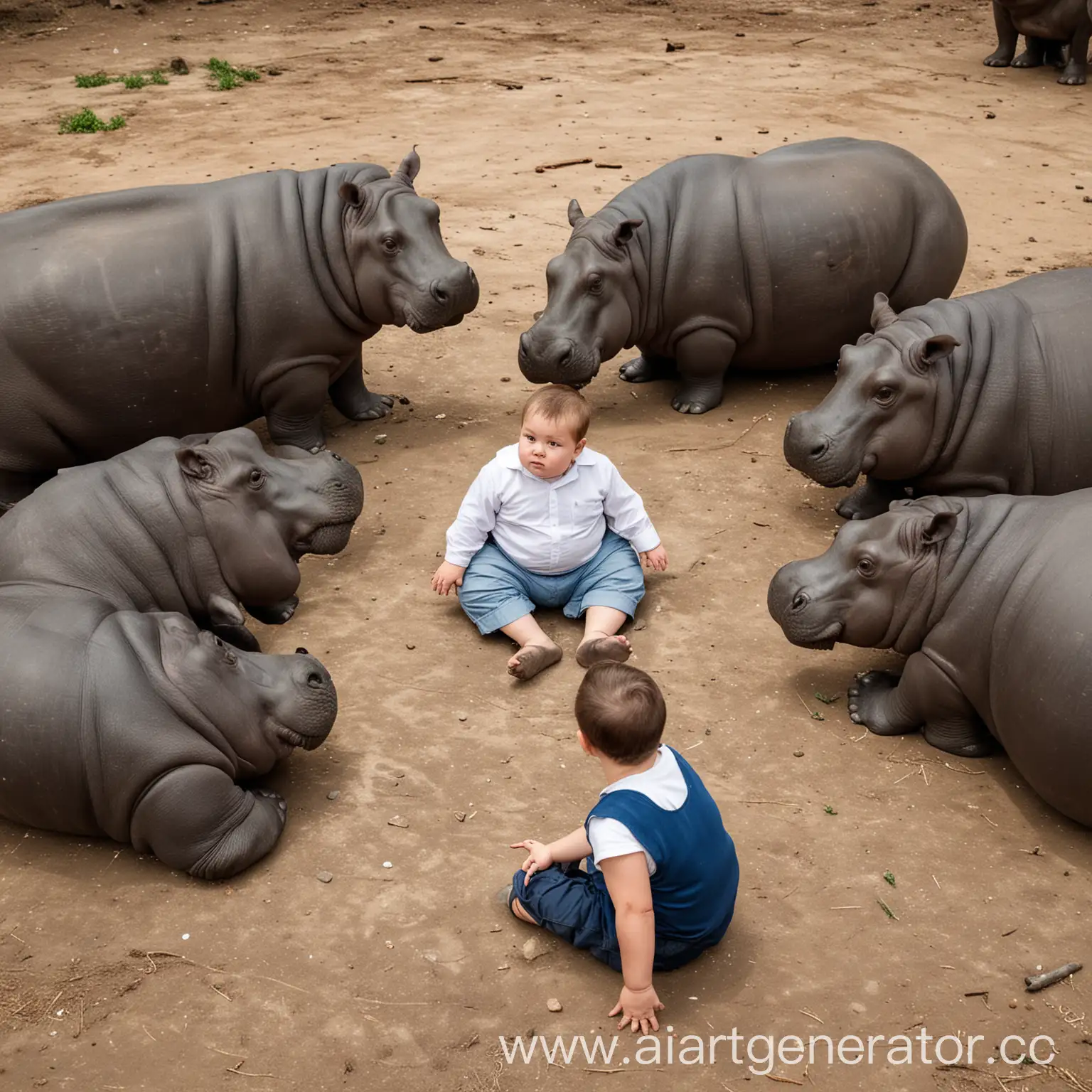 маленький, толстый мальчик сидит на земле в большом кругу, больших бегемотов, которые смотрят на него