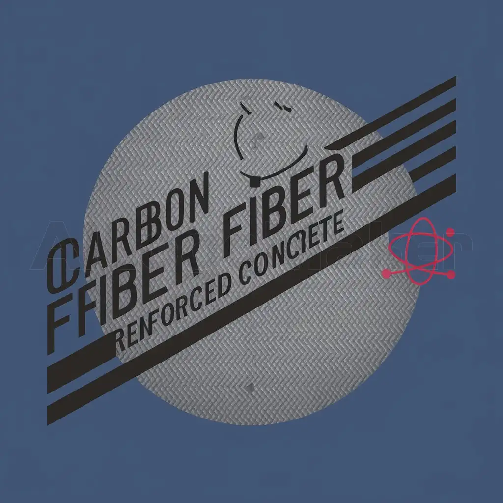 a logo design,with the text "carbon fiber reinforced concrete", main symbol:On a blue background there is a gray steel texture circular pattern, a black solid line circle in the middle, extending diagonally from the left side to the upper right corner, with a red carbon atom icon at the lower right corner of the line,Moderate,be used in Construction industry,clear background