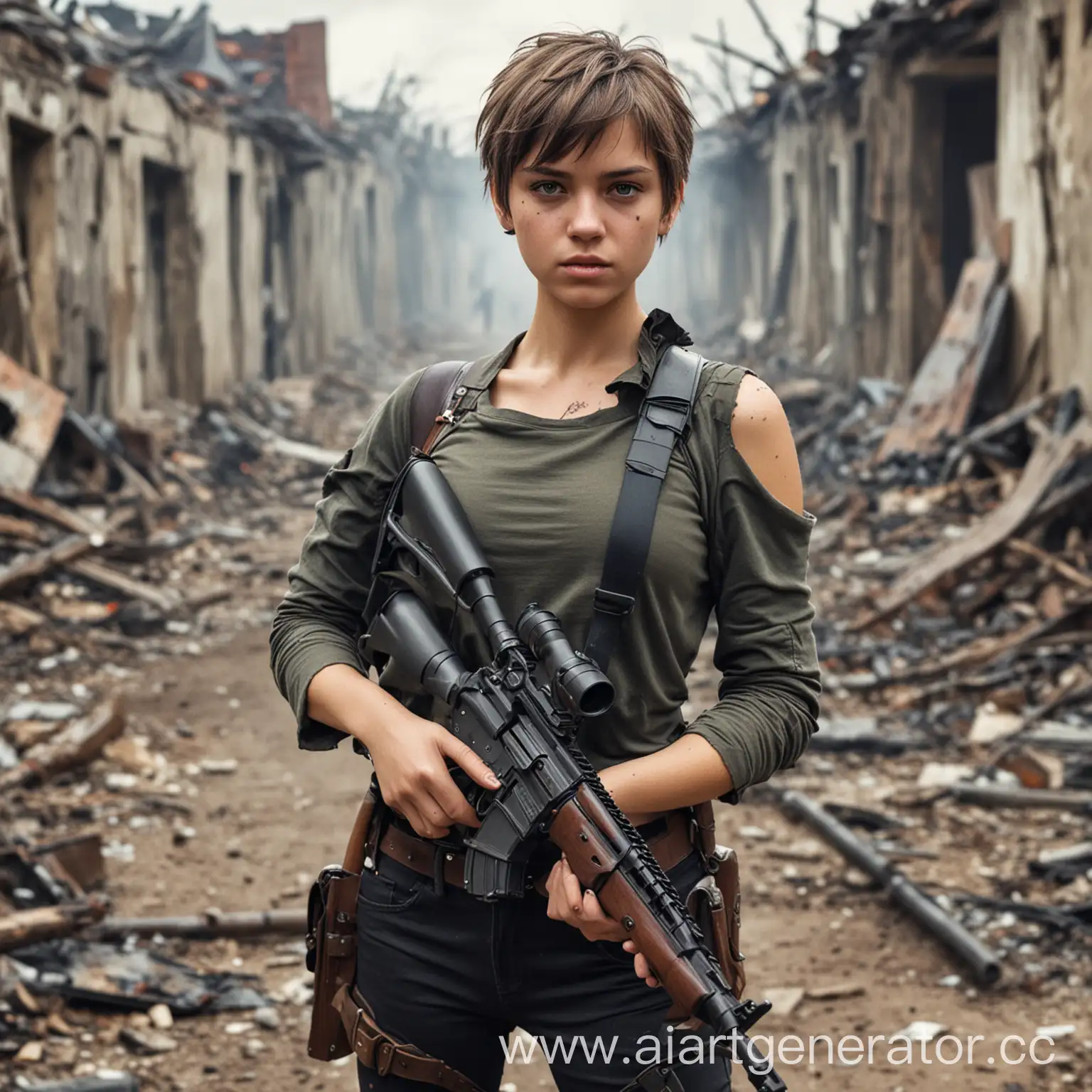 Девушка с короткими волосами, с винтовкой на плече, на бедрах два пистолета, вокруг разруха