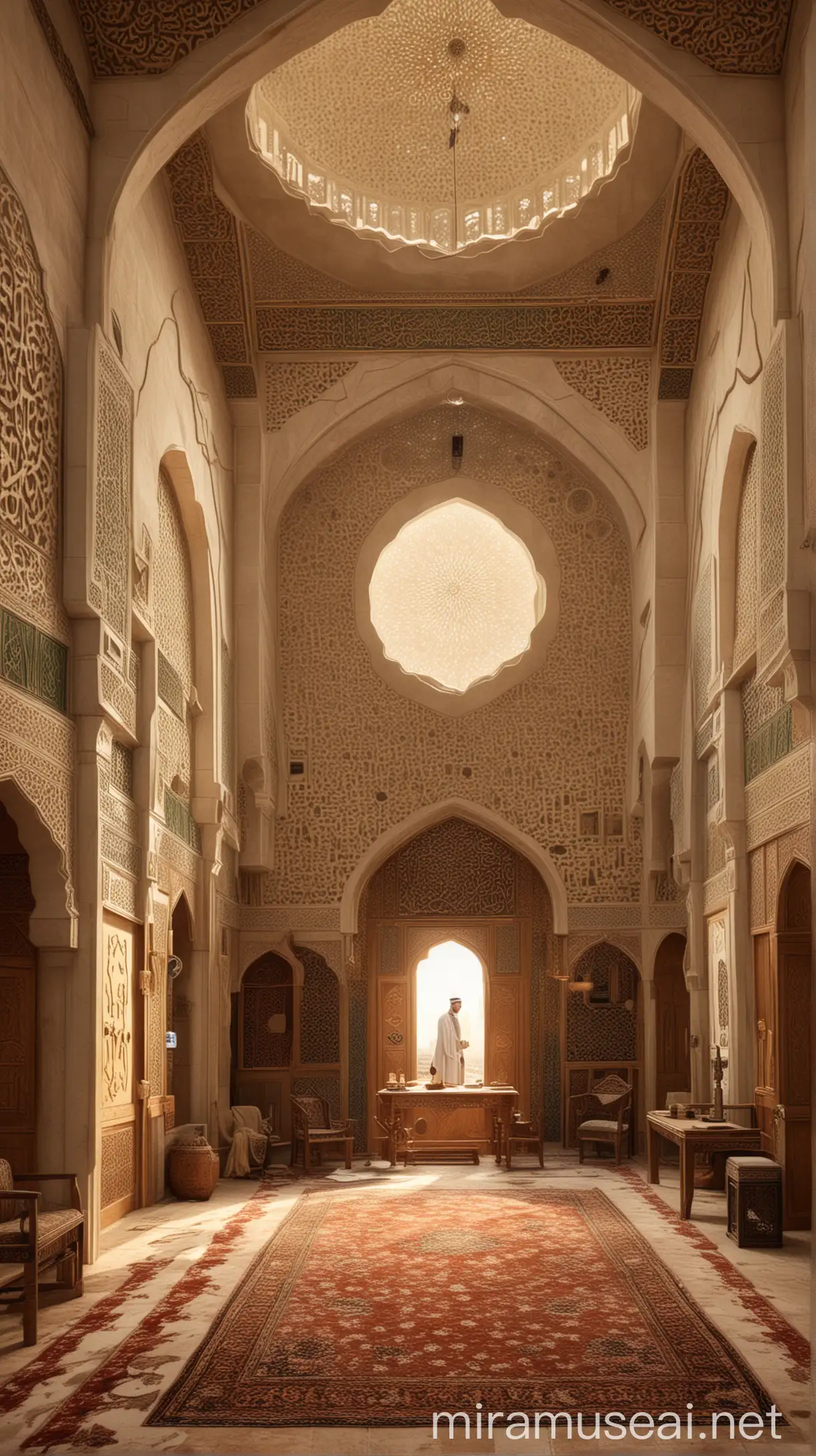 Create an illustration depicting the interior of Dar al-Arqam, the home of Prophet Muhammad (صلى الله عليه وسلم), as a place of learning and refuge for early Muslims. Show a simple yet welcoming space where Islamic teachings are imparted to the believers, highlighting the importance of knowledge and community in Islam.