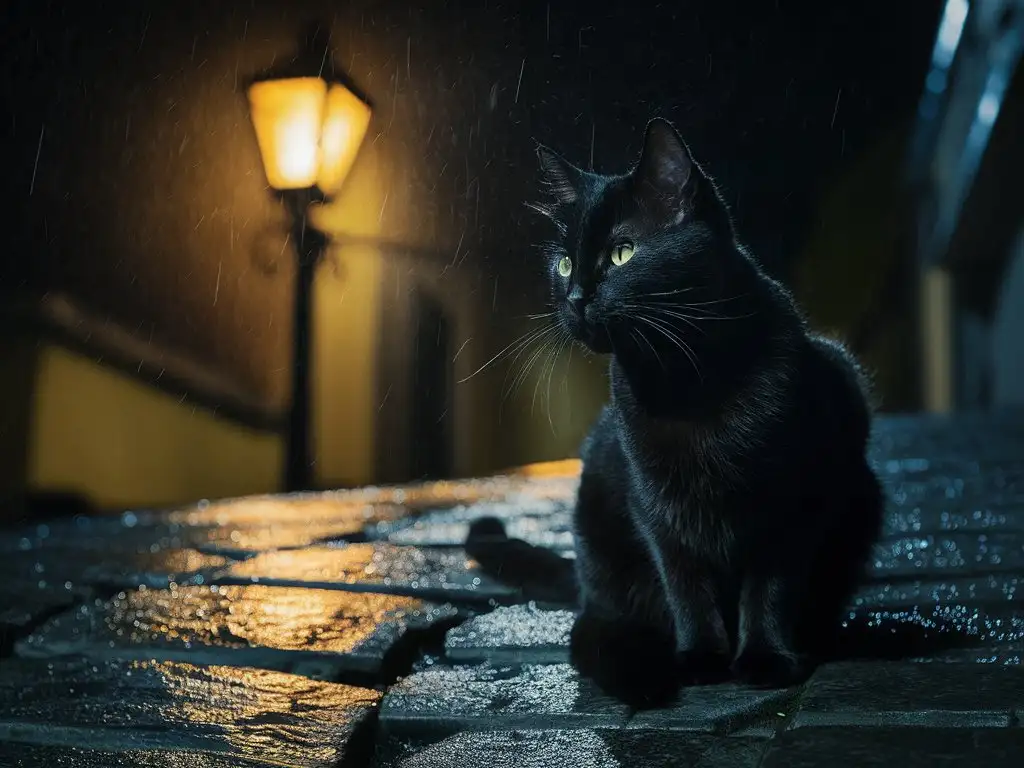 black cat waiting in rain at night