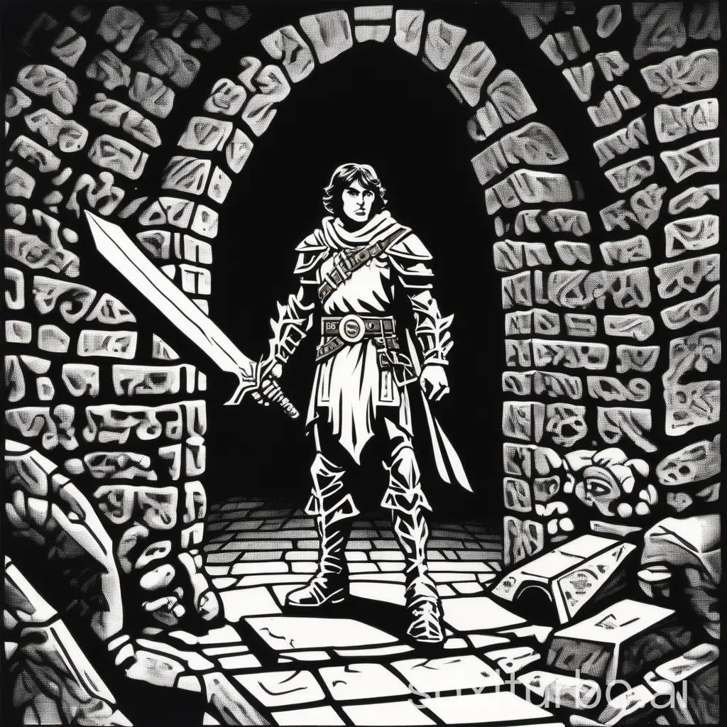 style of 1979 Dungeons and Dragons, by David Trampier, 1bit bw, marker art, subject only, half body, a brave paladin, in a crypt tunnel,