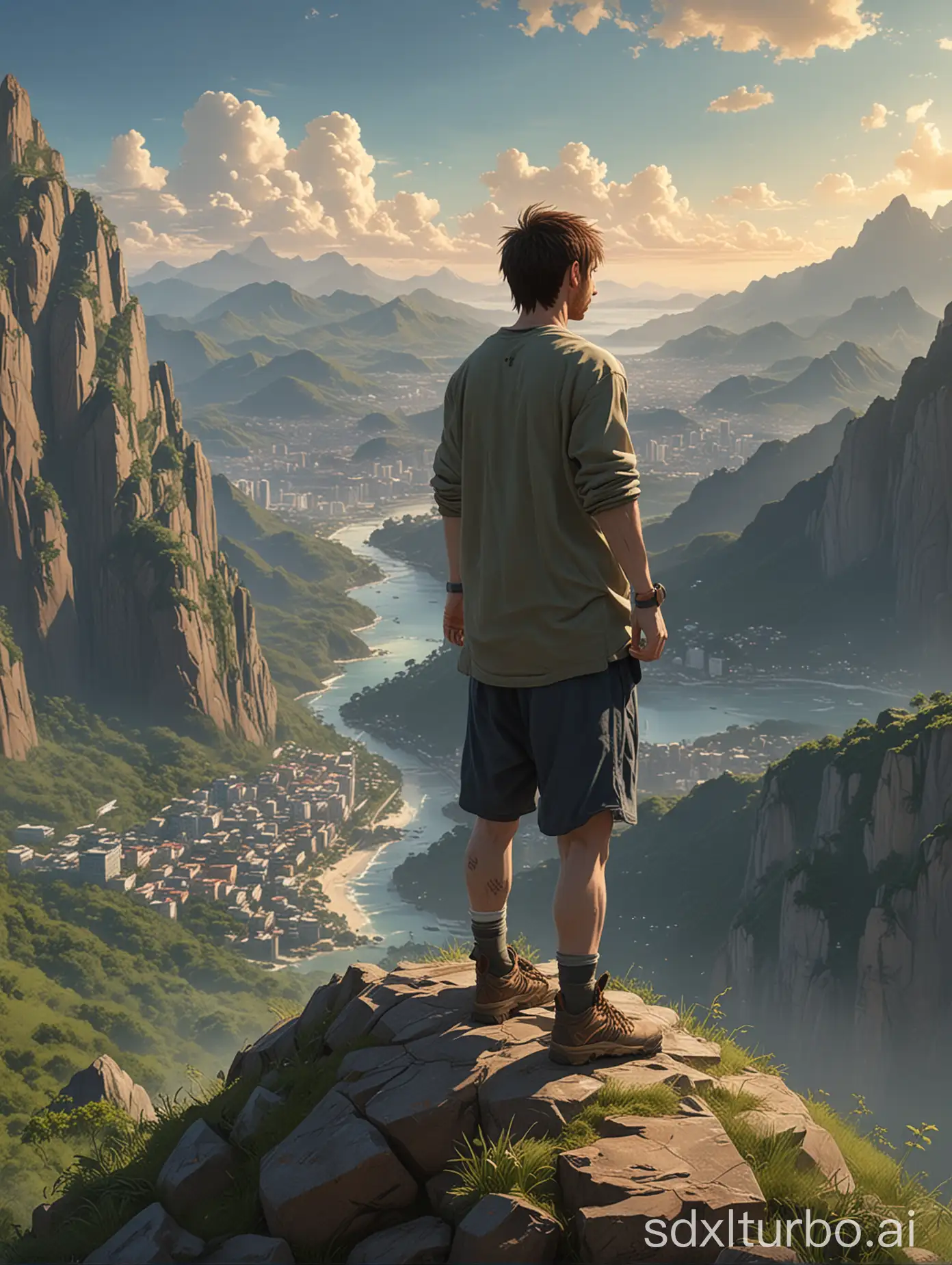 a painting of leo messi standing on top of a mountain, anime landscape, rio de janeiro in an anime film, fantasy matte painting，cute, anime scenery, ross tran and makoto shinkai, anime scenery concept art, makoto shinkai and tom bagshaw, very beautiful matte painting, makoto shinkai and (cain kuga), ross tran. scenic background
