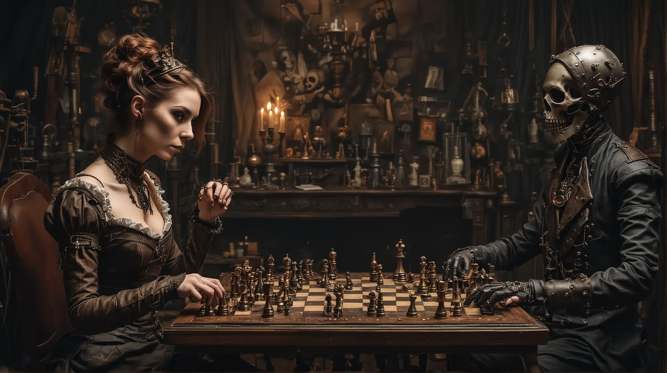 a steampunk woman plays chess with the death in a dark steampunk living room