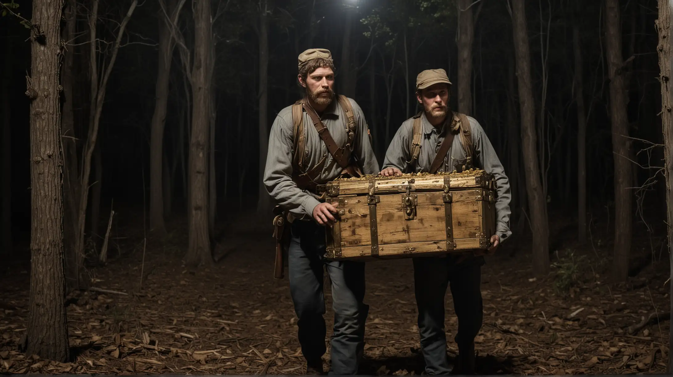 two confederate civil war soldiers carrying a wooden chest filled with gold in the woods at night