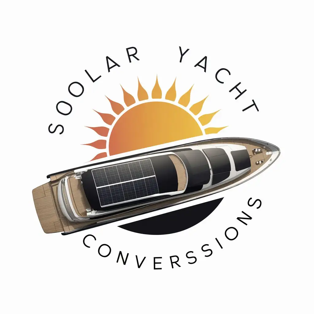 a logo design,with the text "SOLAR YACHT CONVERSIONS", main symbol:a logo design,with the text 'SOLAR YACHT CONVERSIONS', main symbol:elegant yacht with solar panels on the top deck, overhead view of the yacht, with the sun in the background. energy. clear background, perfect, masterpiece.,Moderate,clear background,complex,clear background