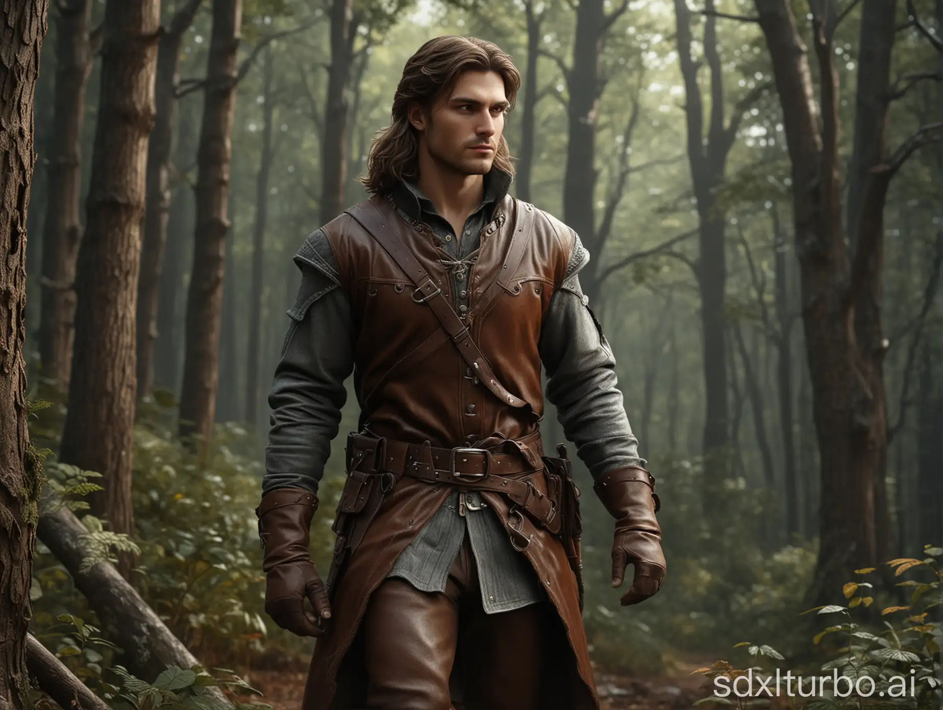 A handsome medieval man about 27 years old  with long brown hair and gray eyes  wearing a ricj leather hunter's  outfit serching something in the forest,  perfect composition, beautiful detailed intricate insanely detailed octane render trending on artstation, 8 k, photorealistic concept art, soft natural volumetric cinematic perfect light, chiaroscuro,  masterpiece, greg rutkowski 