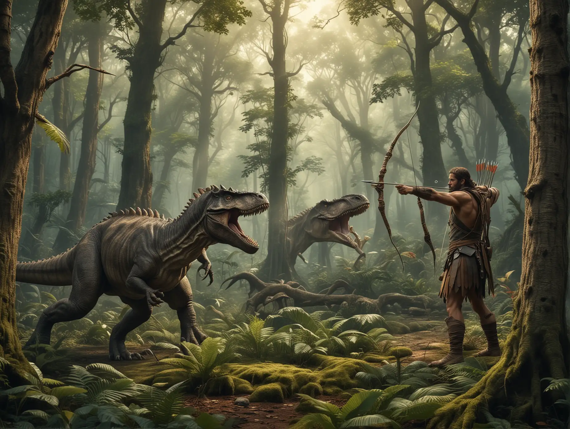 ancient man hunting a dinosaur with a bow and arrow in an enchanted forest