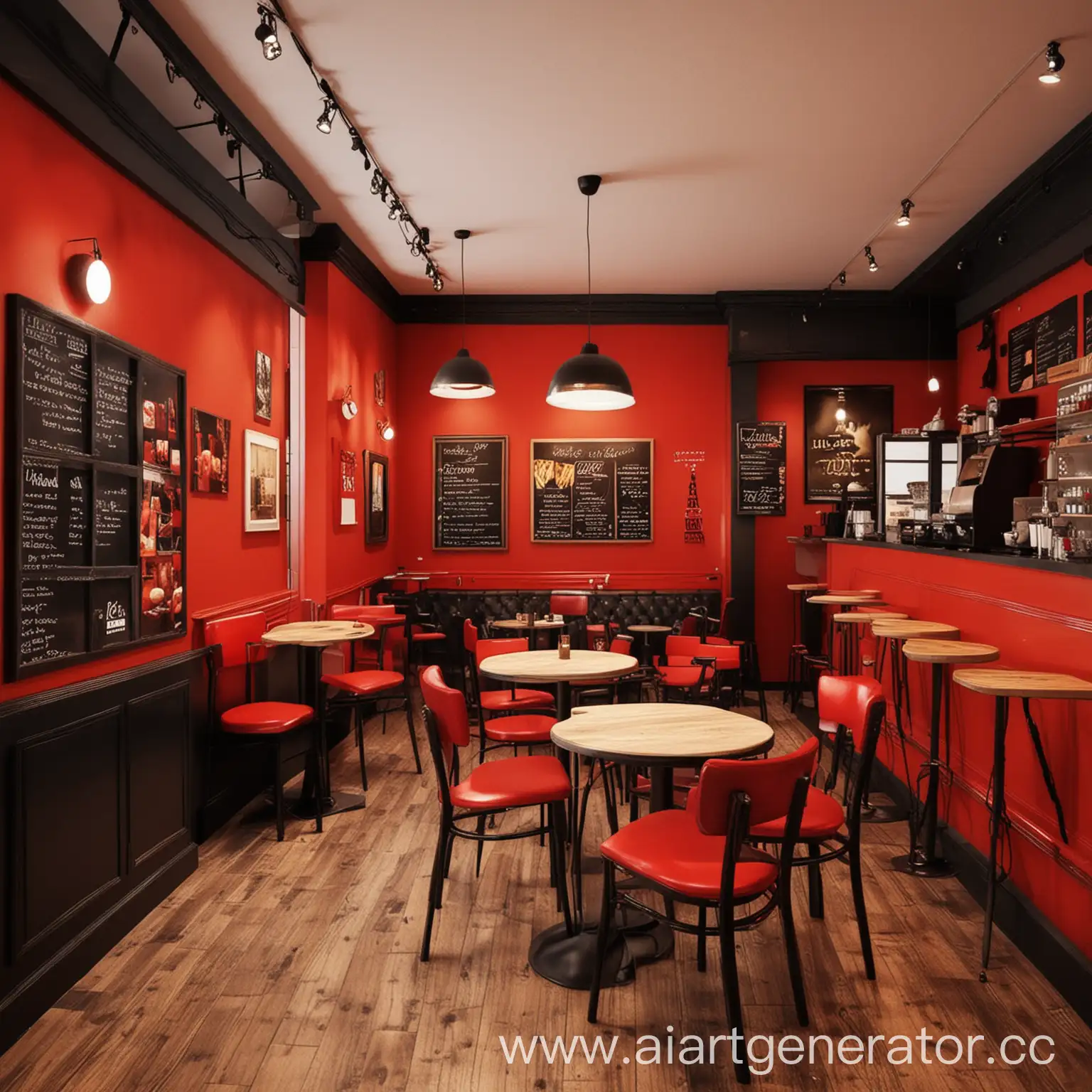 generate the interior of a cafe in red black and yellow colors
