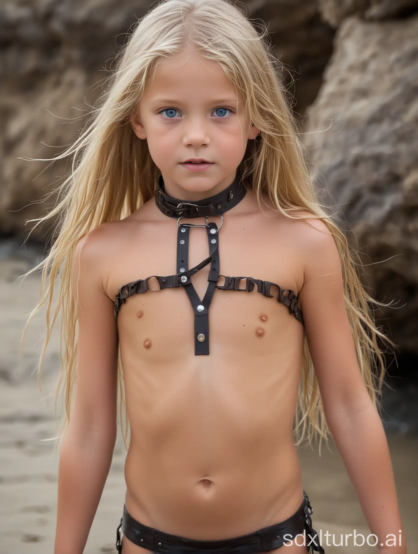 8 year old girl, leather bikini, choker, long hair, blue eyes, blond hair, muscular abs, at Odessa Beach
