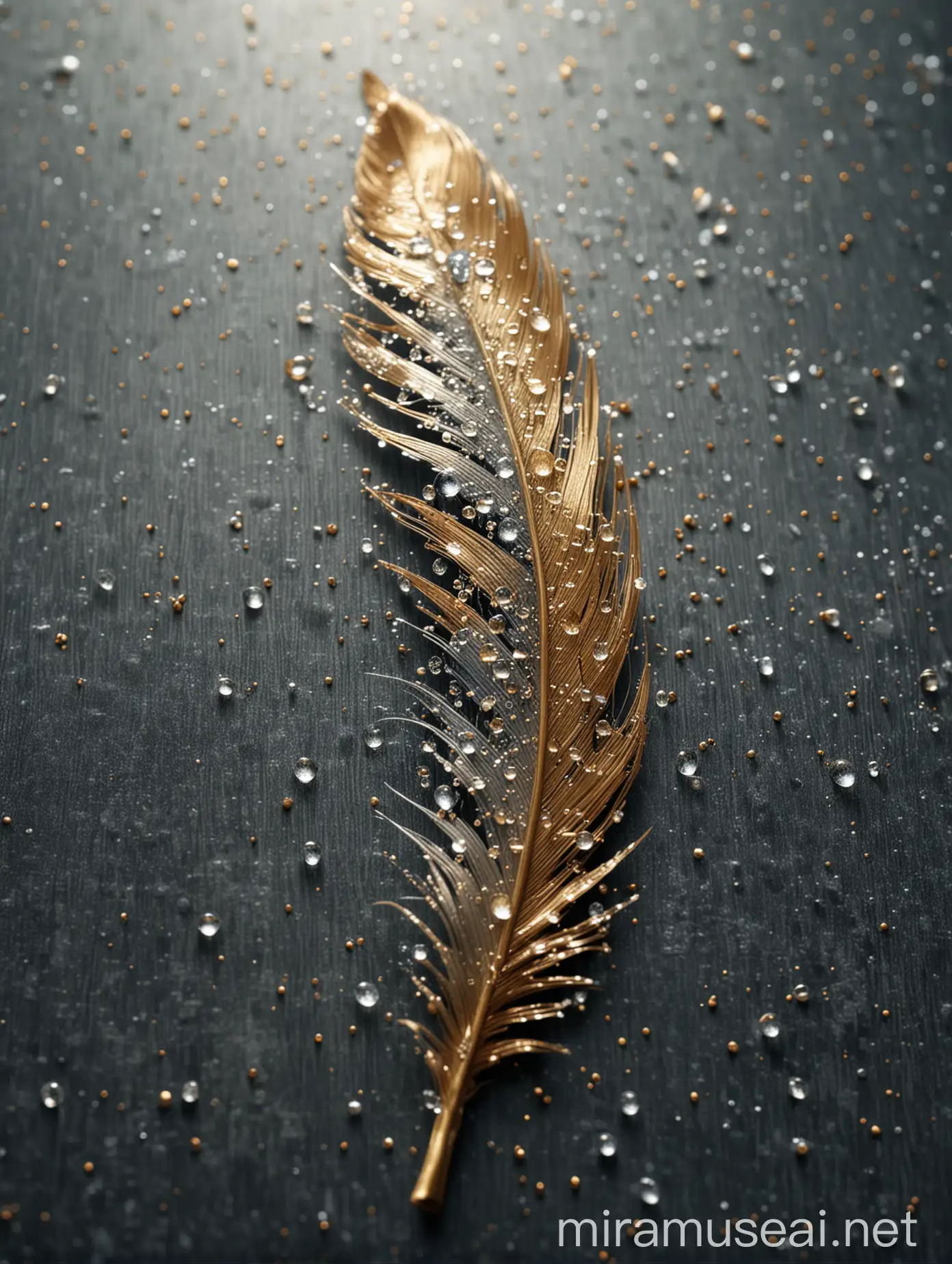 Image of a gilded feather adorned with tiny dewdrops. with 8k quality wallpaper.