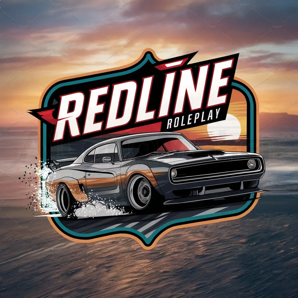 a logo design,with the text "Redline Roleplay", main symbol:Dodge Charger widebody drifting. Sunset background, over beach. Colourful in a badge,complex,clear background