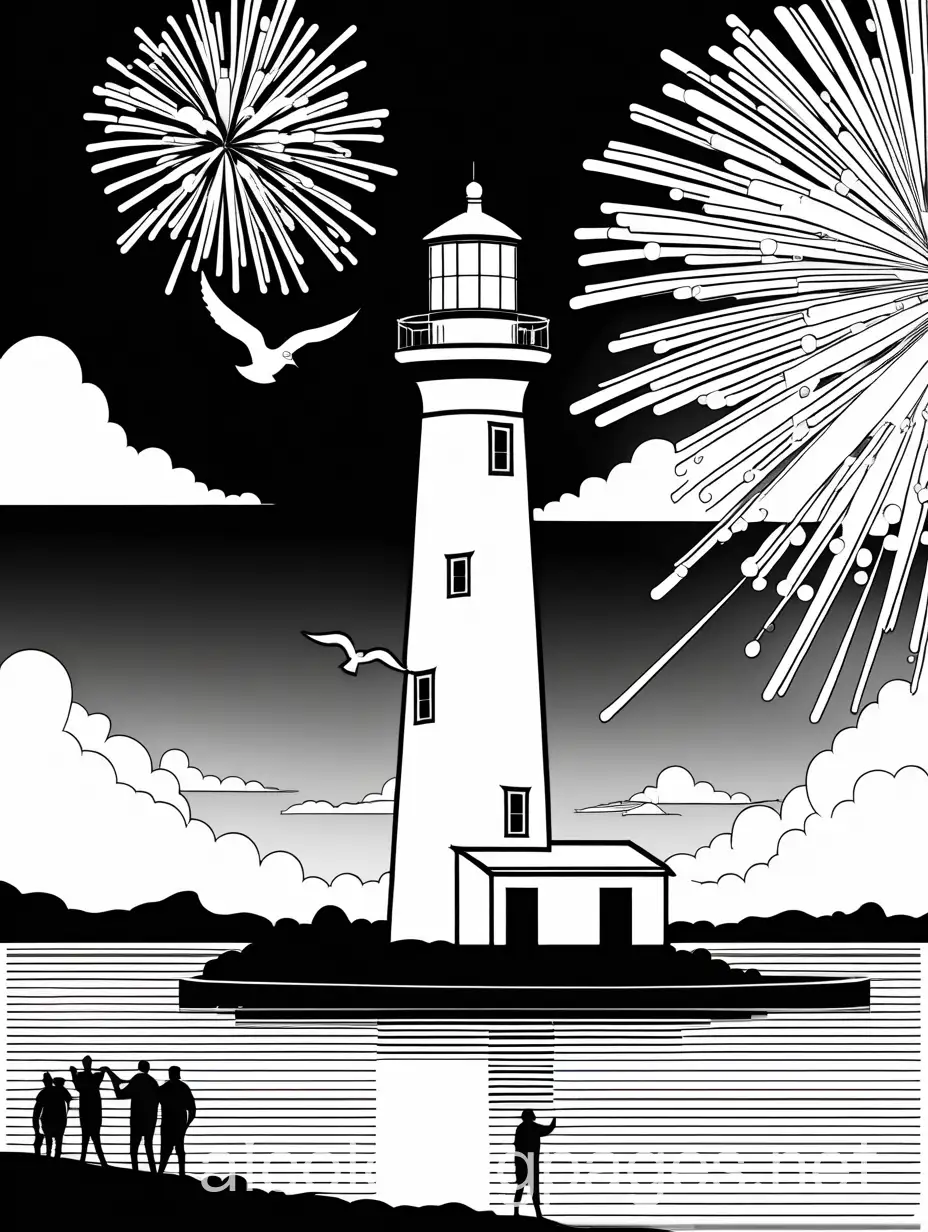 a seagull gliding over a nighttime festival with fireworks and a few people, the lighthouse shining brightly in the background, Coloring Page, black and white, line art, white background, Simplicity, Ample White Space