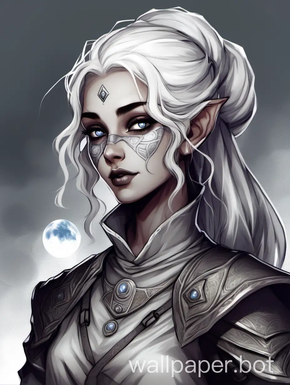 dungeons and dragons OC, concept, drow, pale gray elf, dancing cleric, priest, grey skin, hair in a low bun, curtain bangs, middle part, white hair, bright eyes, sweet, soft, freckles, light moonstone eyes, dark lips, adult, chainmail archaeologist, cool hat, portrait, adventurer, neutral soft expression, artwork, digital art, character art, moon theme