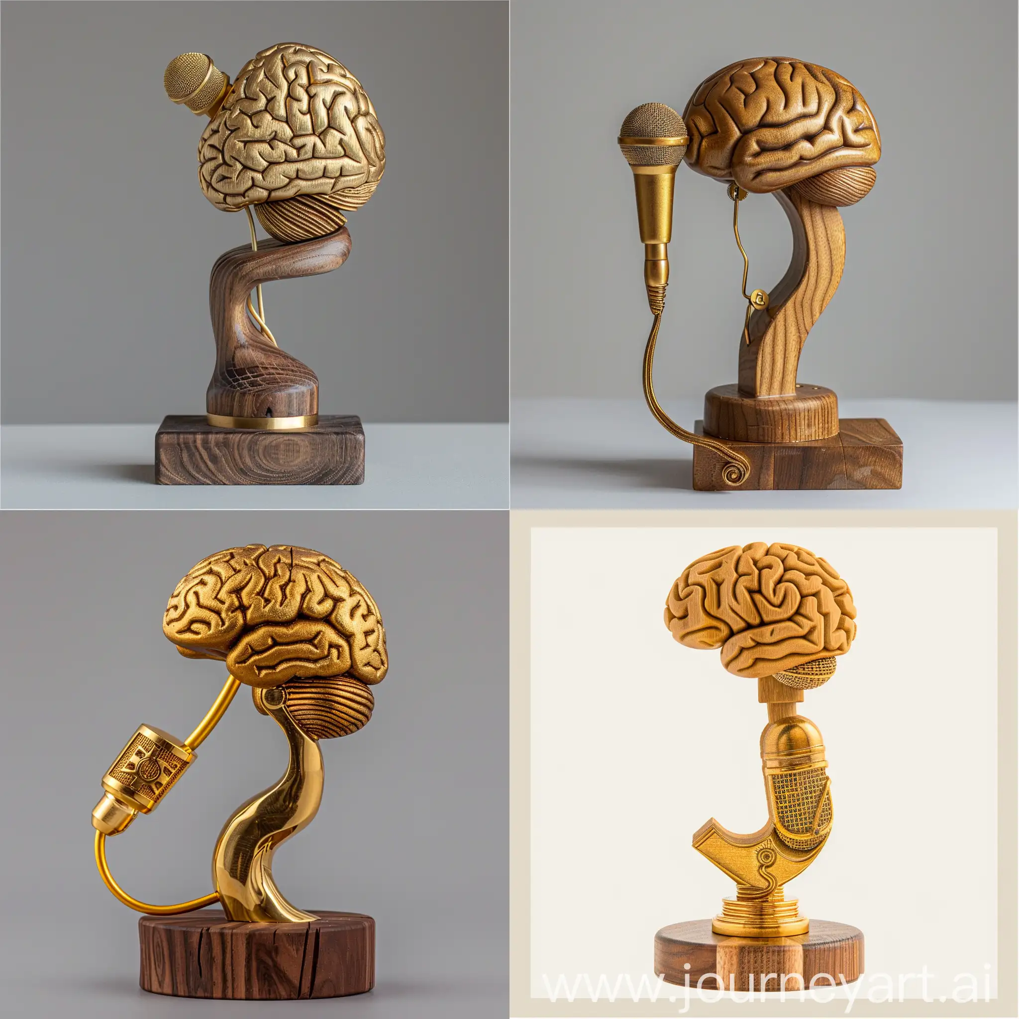 create a golden-wooden statue medal for winning prize of sience slam event, i want the golden microphone in it and integrated with a simple mandela of a brain curved on the statue and the end of the mandela line attached to the the microphone wire