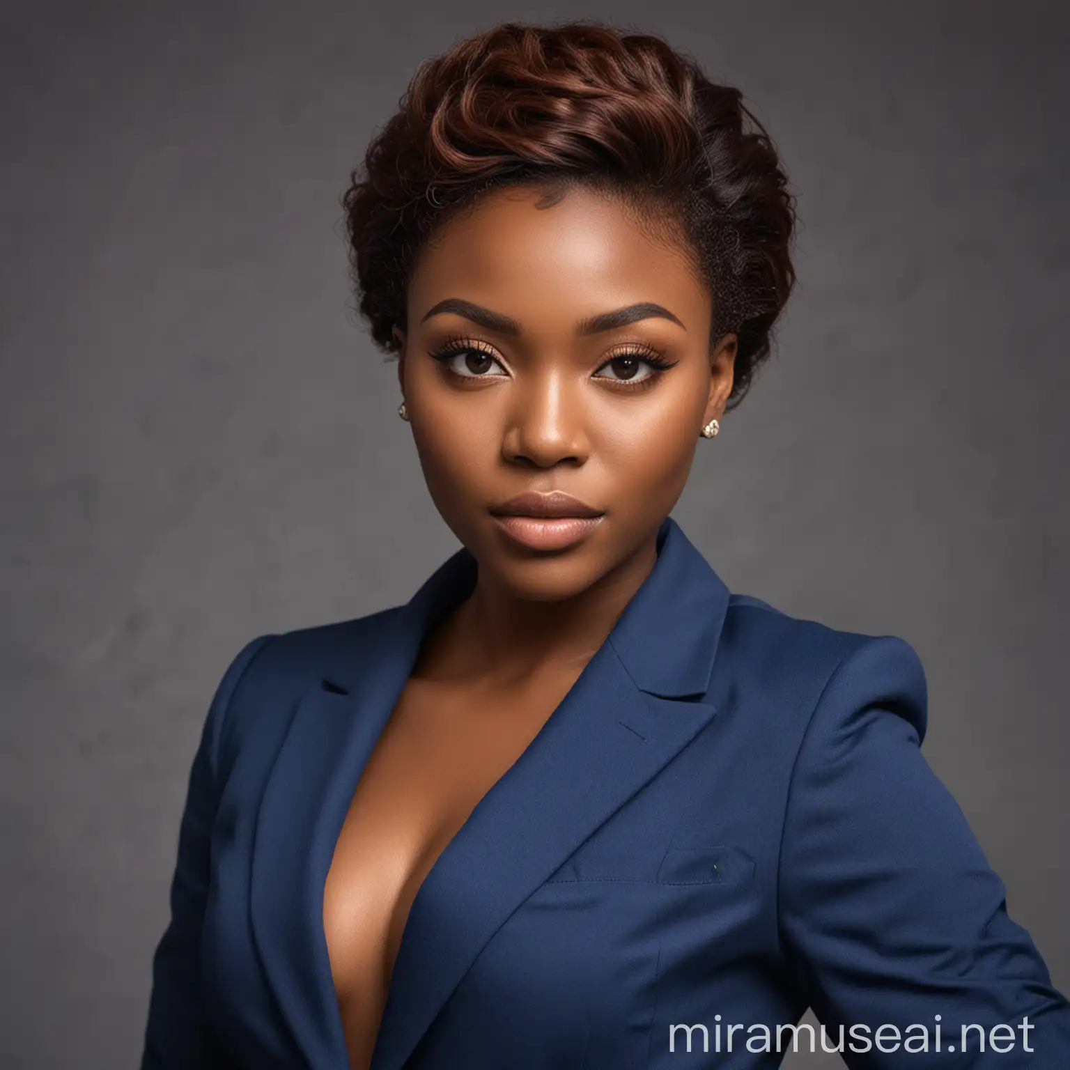A PROFESSIONAL LADY WITH CHOCOLATE SKIN COLOR IN NIGERIAN WITH  BLUE SUIT  

