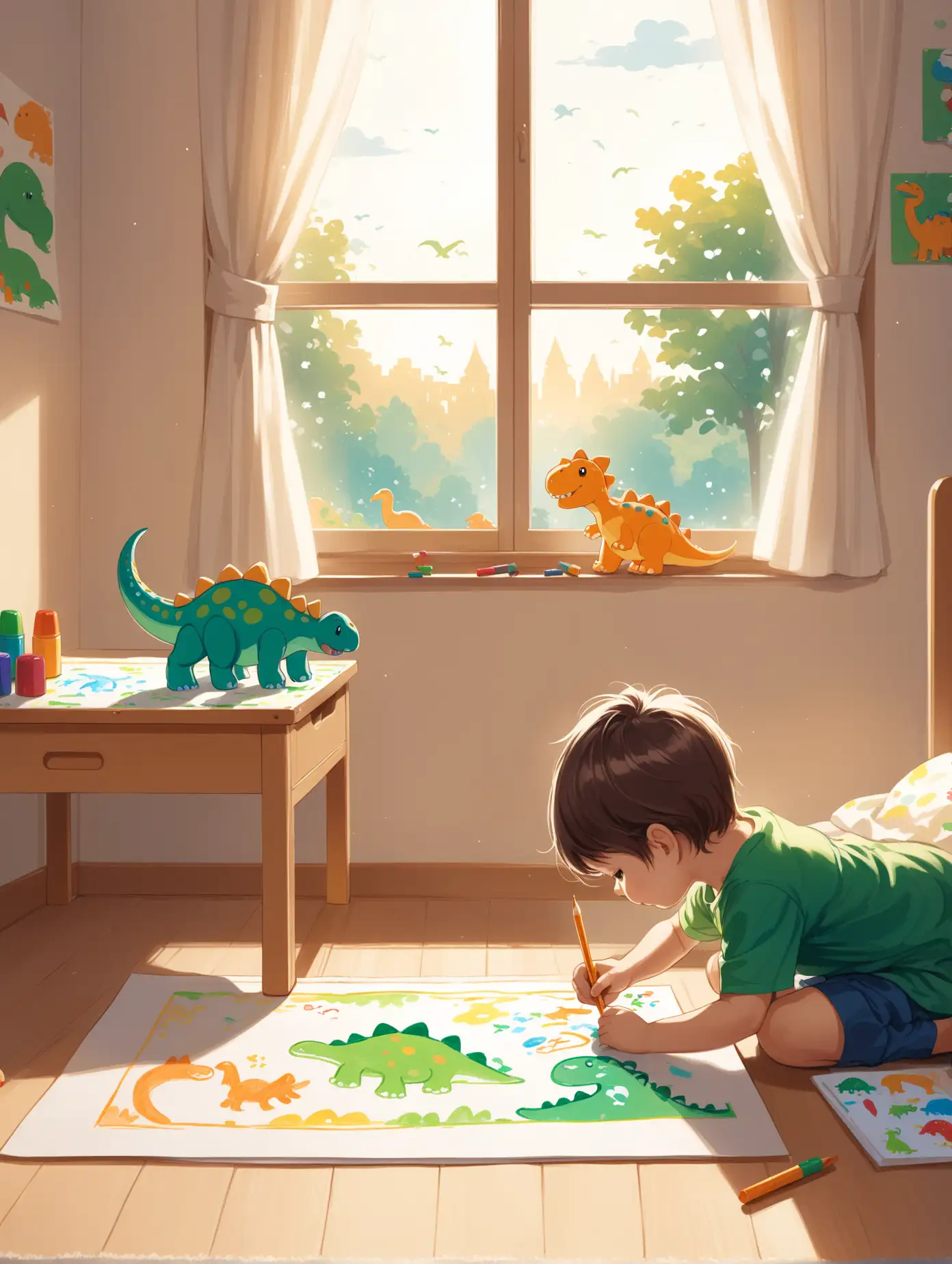 child drawing in his room, in the scene we see his bed in the background and the window, the child is 5 years old and is drawing on the floor a dinosaur
