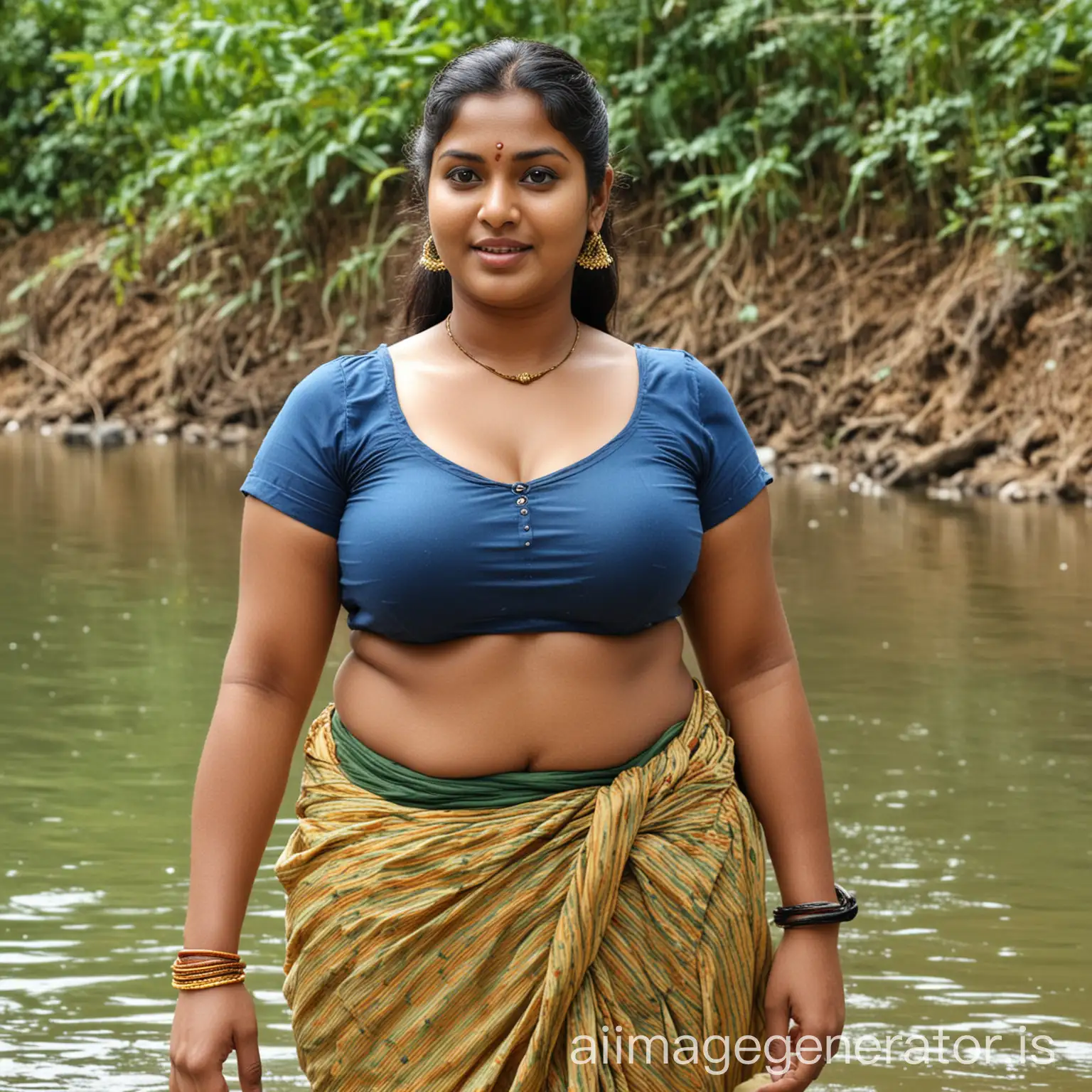 Scenic Village River with Beautiful Curvy Tamil Aunty Featuring Deep Navel  | AI Image Generator