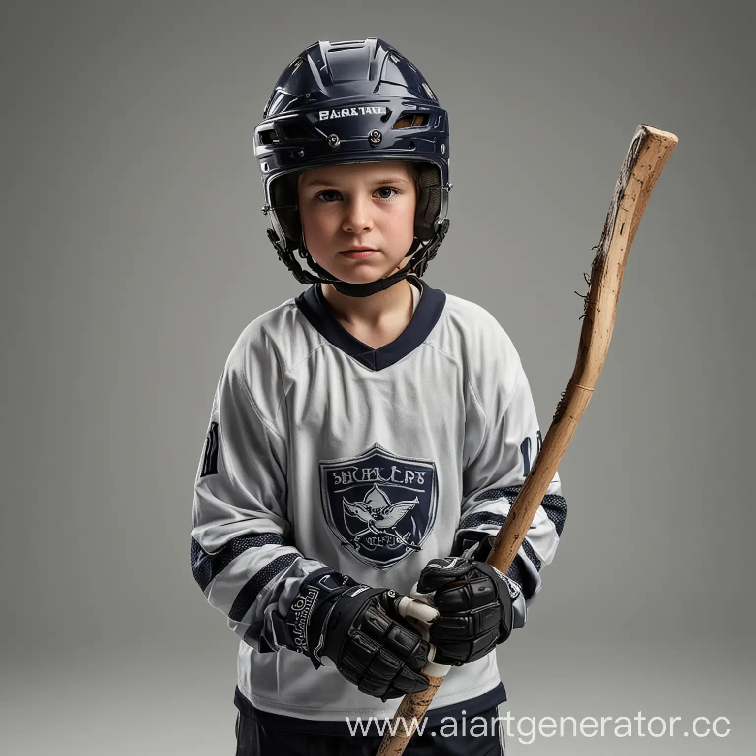 мальчик хокейст в шлеме, с клюшкой, без фона, на форме нет логотипов