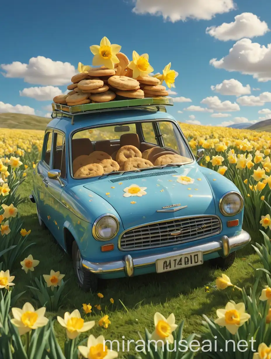 D-style, many joyful cookies jump inside the car, the car drives on the grass, rich colors, grass, daffodils, blue sky, big title 'Spring Travel Season', C4D, redshift rendering - ar 3:4 - s 750 - niji 6