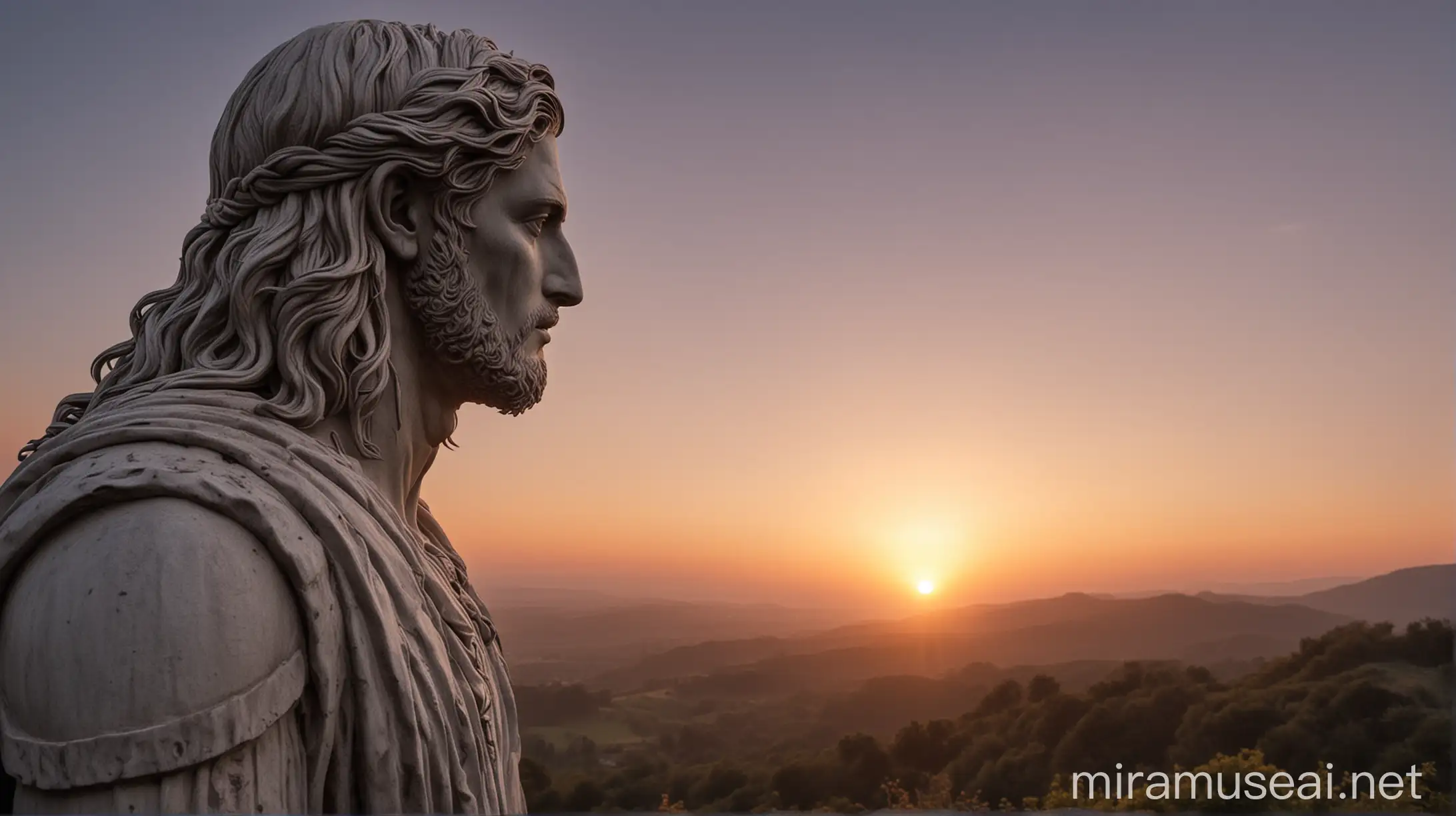 Statue of Stoic Male Looking at Sunrise with Beautiful Nature Surroundings