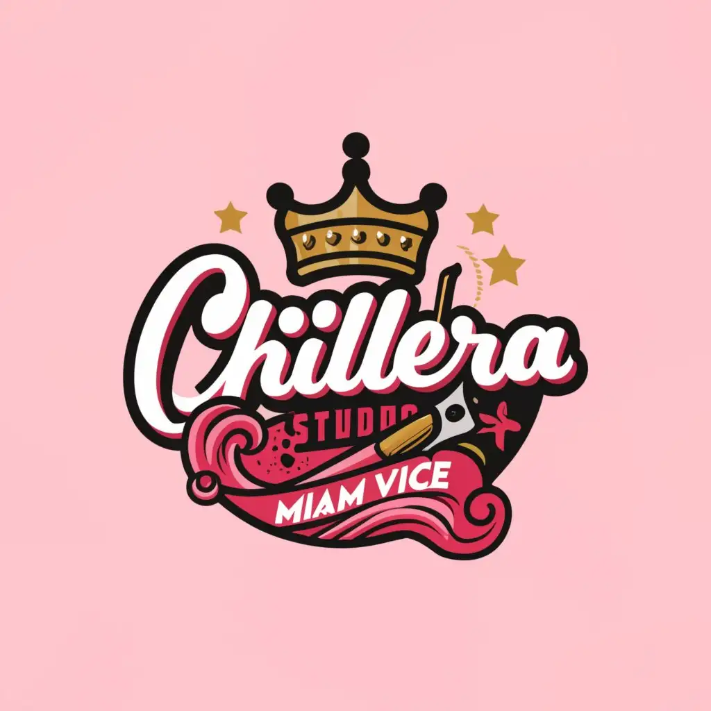 a logo design, with the text 'ChillEra Stud1o', main symbols: royal, scissors, star, pink, trim, wave, chill, Miami Vice, complex, to be used in barber studio, limited, wavy background