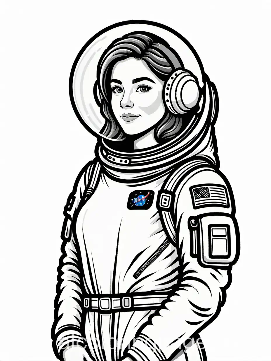 18 year old  girl dressed as an Astronaut., Coloring Page, black and white, line art, white background, Simplicity, Ample White Space. The background of the coloring page is plain white to make it easy for young children to color within the lines. The outlines of all the subjects are easy to distinguish, making it simple for kids to color without too much difficulty