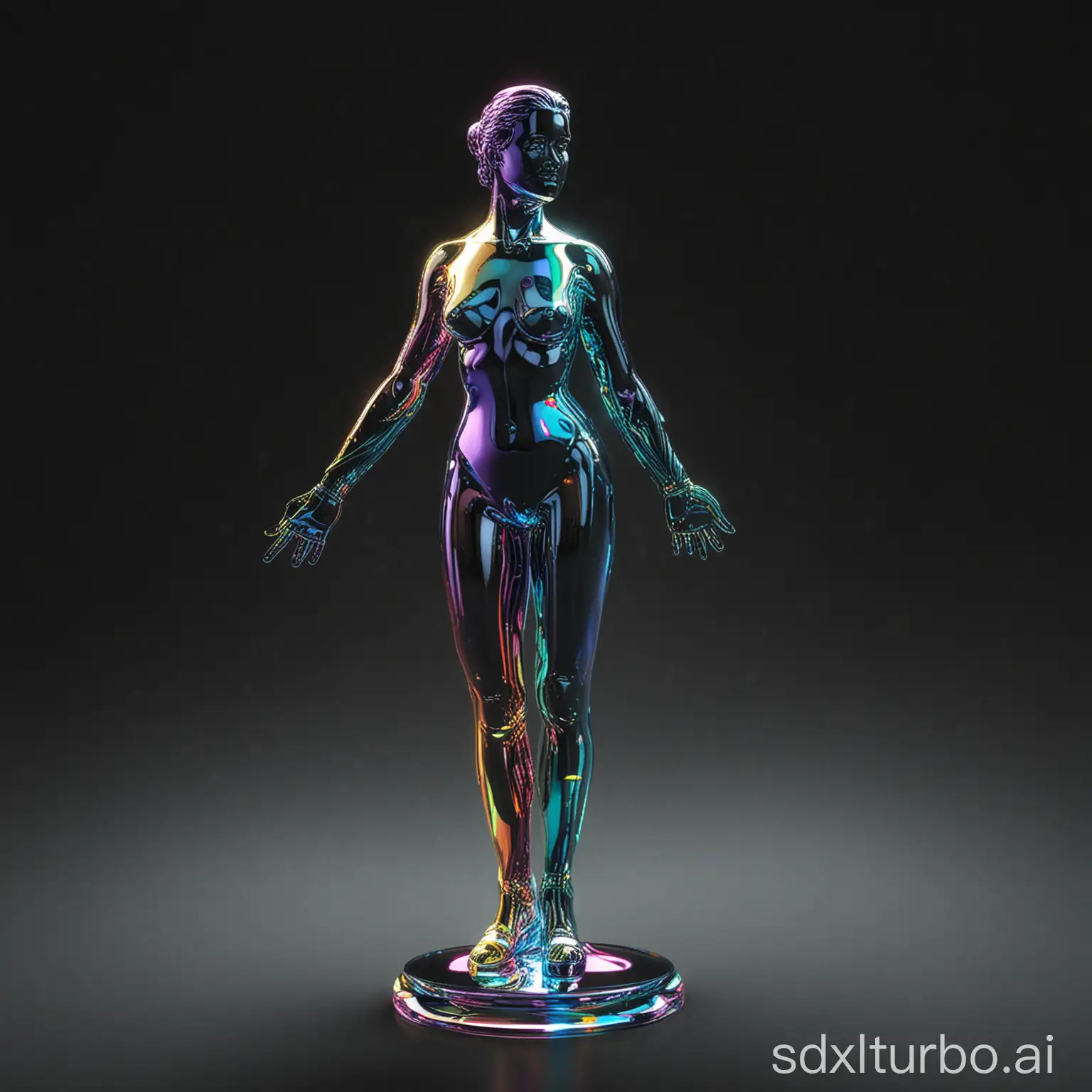 Glass figure 3D rendered, digital, modern era, multicolour with emphasis on iridescence and lighting effects, on black background