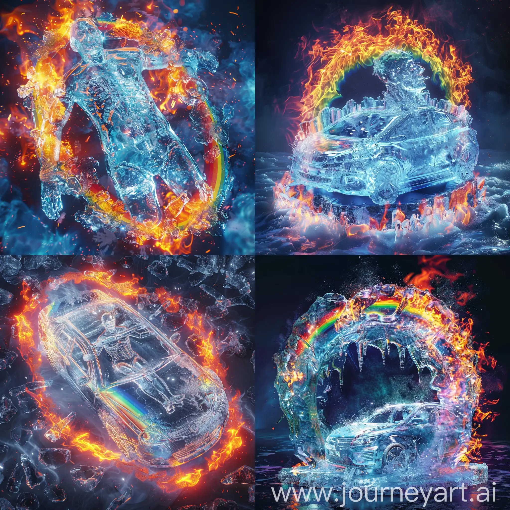 Shimmering ice car sculpture, human-shaped, vibrant fiery rainbow frozen around it, intricate ice details, ethereal fantasy aesthetic, realistic detailing, surreal concept, magical realism, vivid colors blending seamlessly, fantasy elements, detailed ice textures, fiery hues, rainbow spectrum, digital art, high resolution, intricate lighting effects, mystical ambiance. --ar 16:9