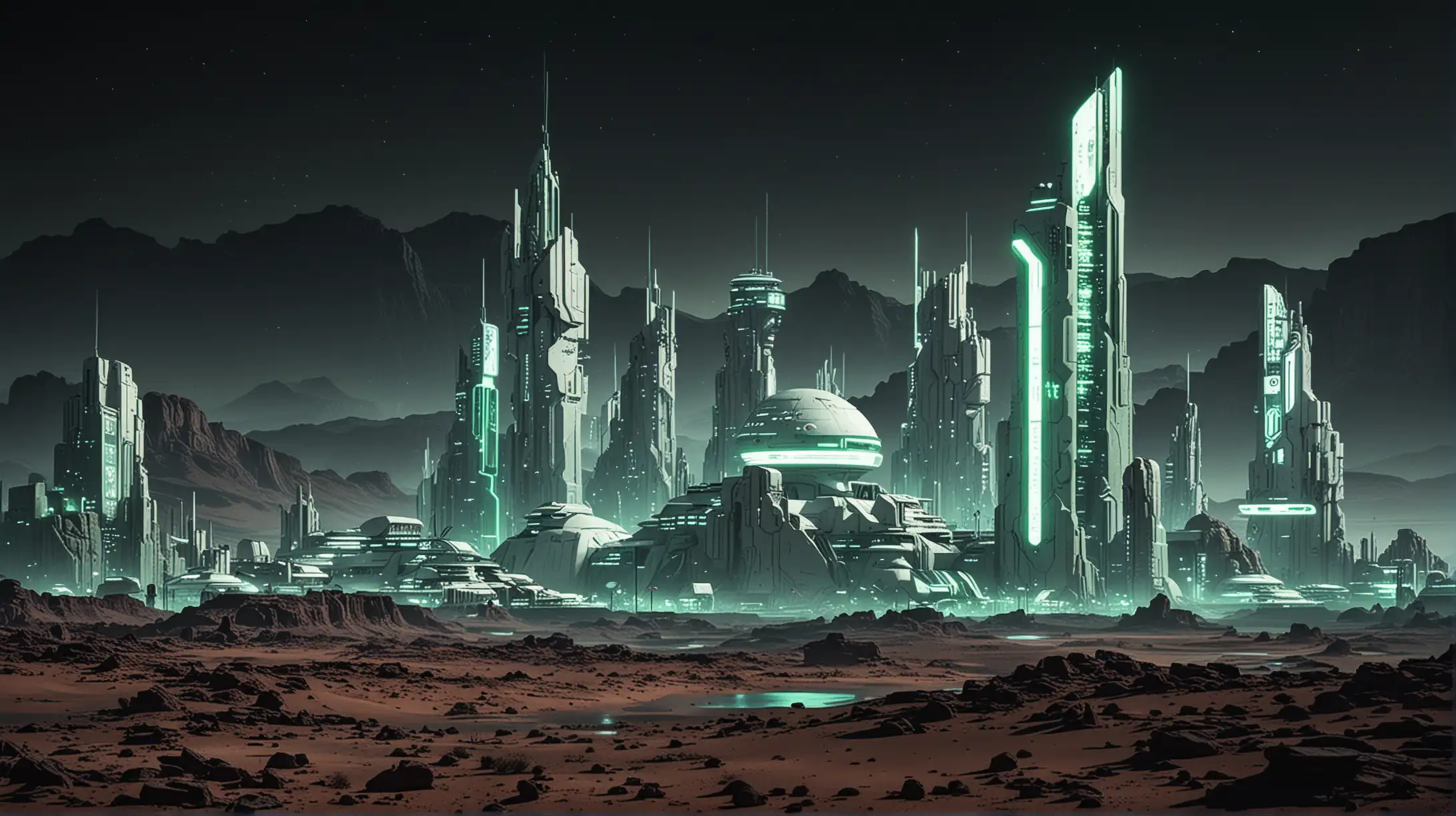 night time image of neon lit white buildings in a cyberpunk city skyline, on Martian surface green rocky desert