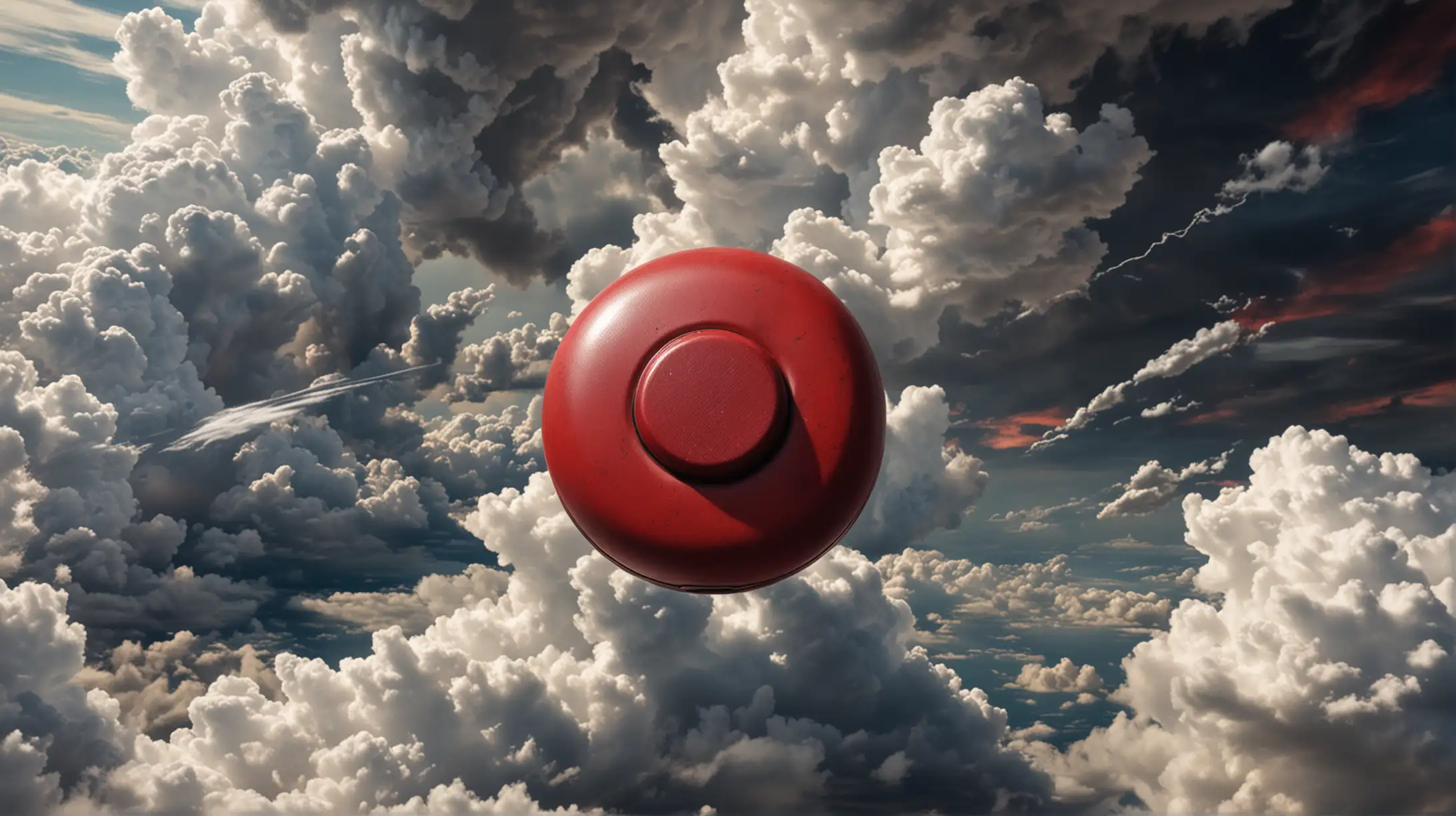 hyper realistic over head shot looking down of a big red button on the arm of romanchair with heaven clouds in the deep background

