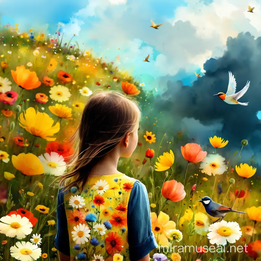 Joyful Girl Amidst Summer Blooms and Sky Watercolour Art by Alexander Jansson