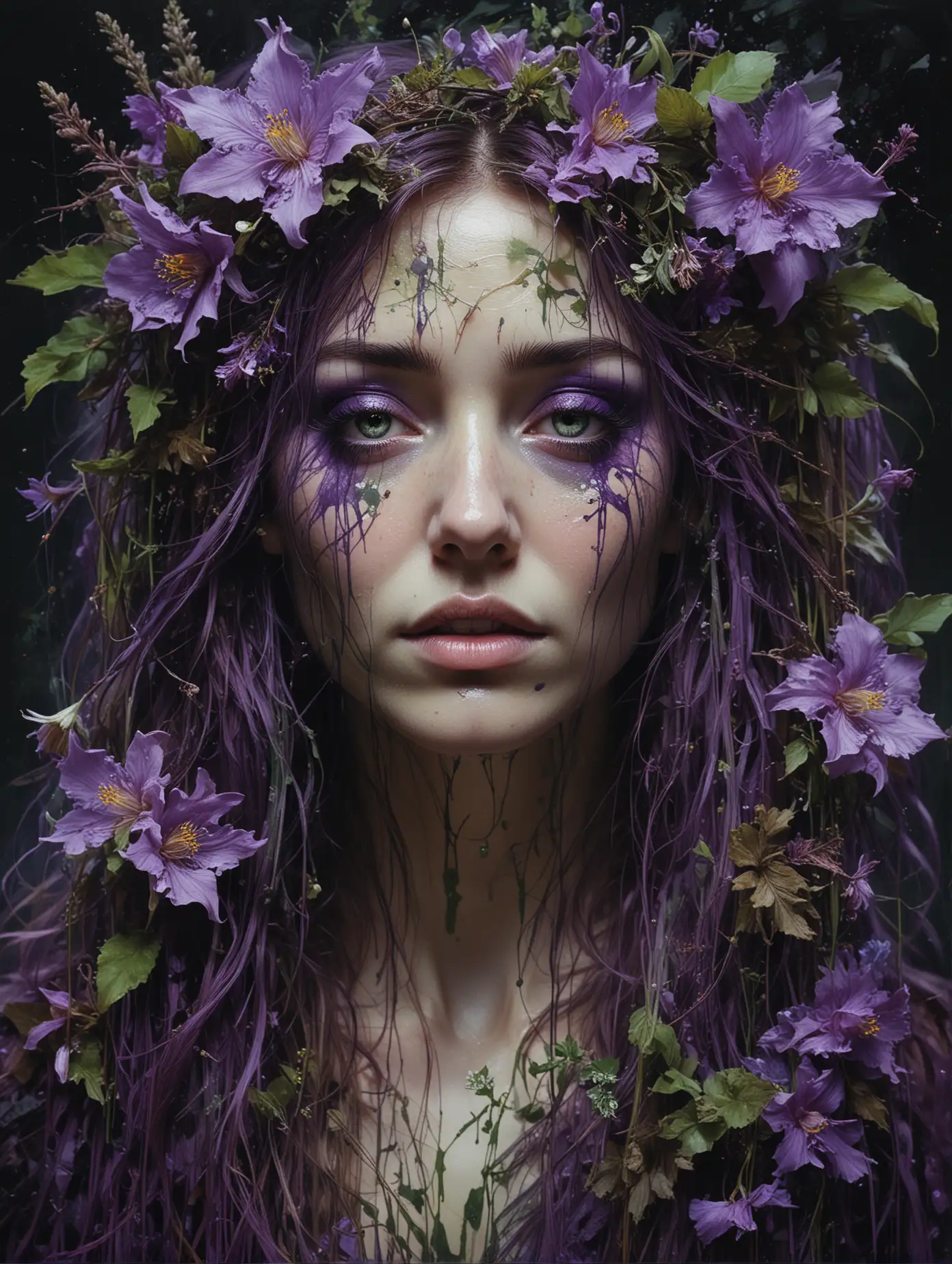  art by carne griffiths and wadim kashin, Ophelia, Blodeuwedd, flower face, Low saturation colour photography, purple and green palette, legendary welsh witch and mystic, in the dark mystical land of the mabinogion, masterful painting in the style of  Marco Mazzoni | Yuri Ivanovich, oil on canvas, highly detailed