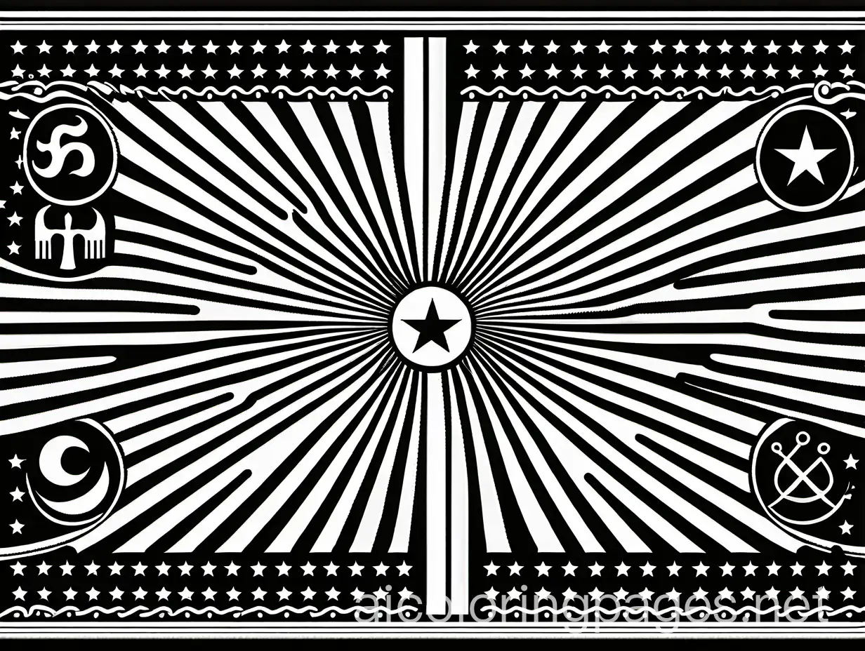 dystopian flag with mean looking symbols on it to symbolize the oppressive government., Coloring Page, black and white, line art, white background, Simplicity, Ample White Space. The background of the coloring page is plain white to make it easy for young children to color within the lines. The outlines of all the subjects are easy to distinguish, making it simple for kids to color without too much difficulty