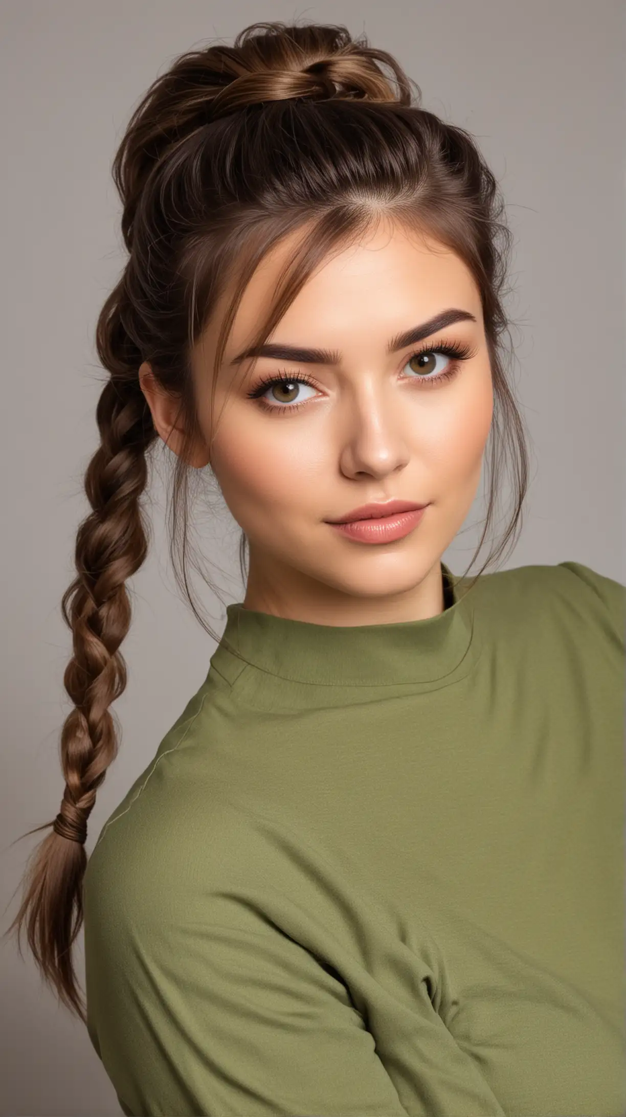  beautiful girl model, haircut - twisted ponytail with fishtail bangs, age 30 years old