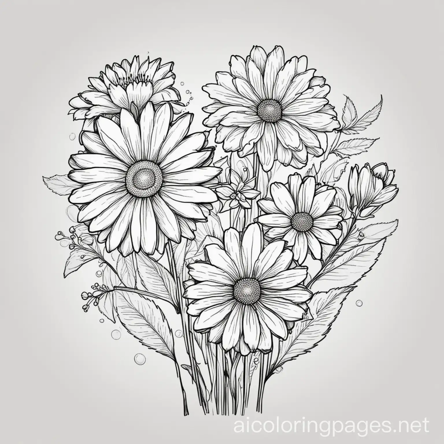 Summer flowers for kids, Coloring Page, black and white, line art, white background, Simplicity, Ample White Space. The background of the coloring page is plain white to make it easy for young children to color within the lines. The outlines of all the subjects are easy to distinguish, making it simple for kids to color without too much difficulty