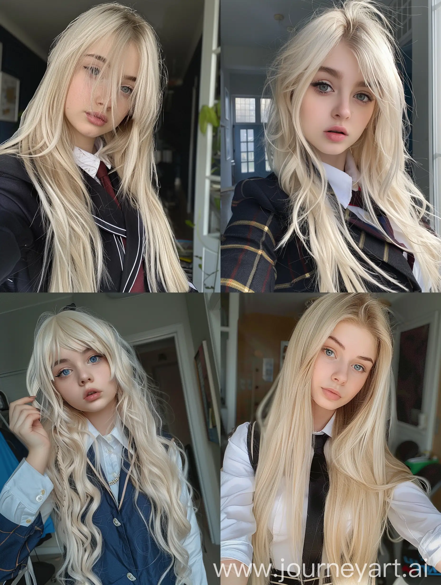 Young-Blonde-Girl-in-School-Uniform-Taking-Selfie-with-iPhone