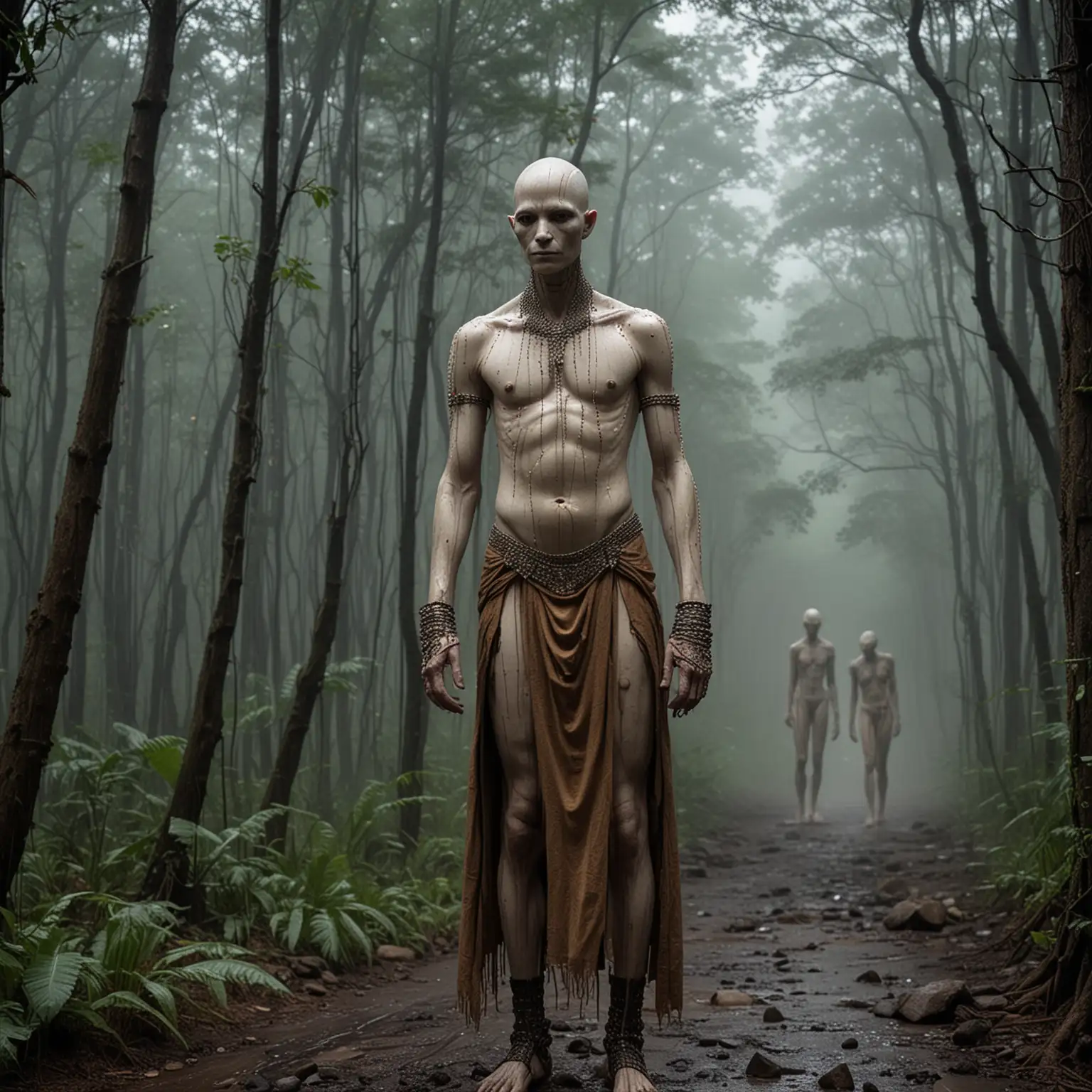a 5m tall humanoid with pure white skin and an alien-like elongated bald head. They are wearing a brown loincloth, their body is covered with ritual scarification. They wear beads and jewels, arm bands of strange metals. They are standing in the distance in a forrest at midnight during a heavy shower of rain.