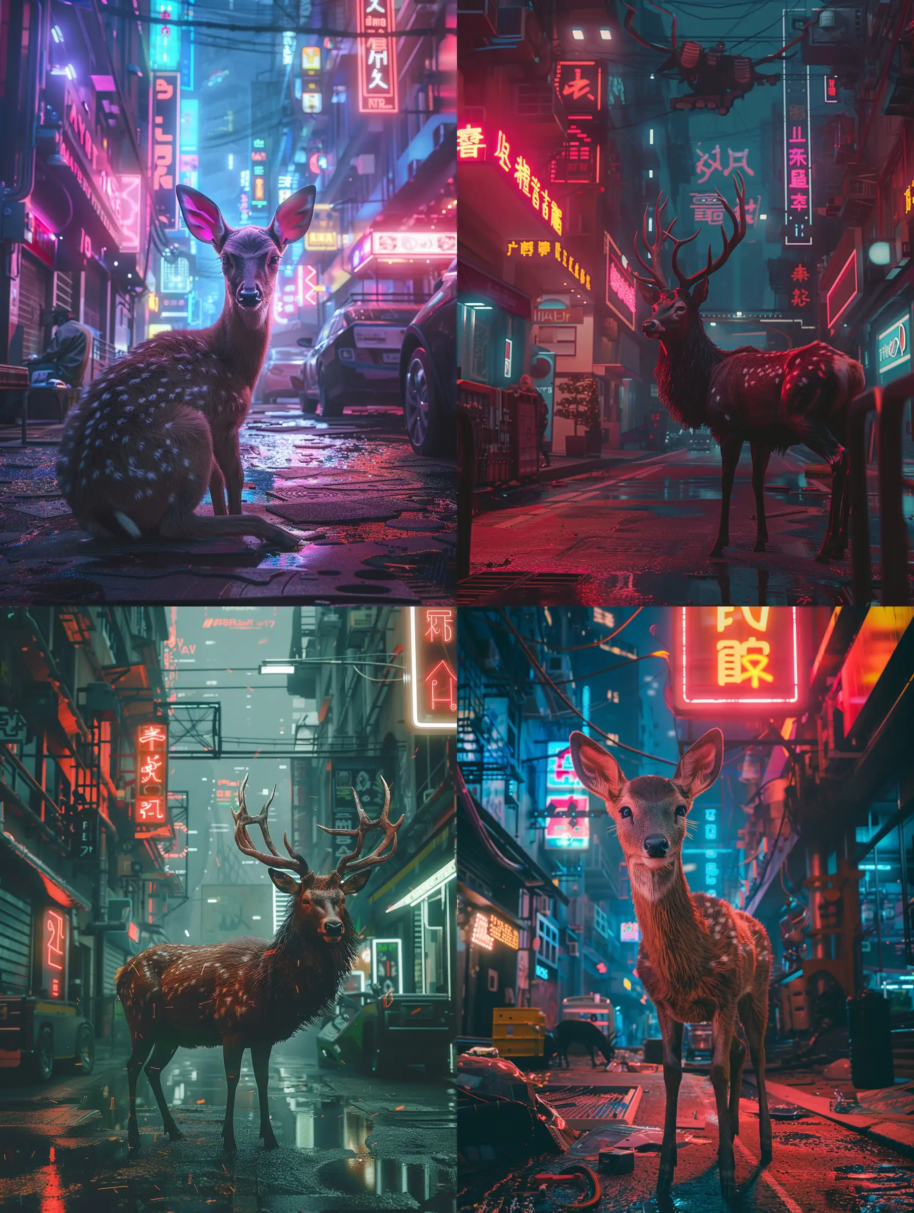 A lonley deer in a cyberpunk city, in the middle of a street, neon lights, Cyberpunk 2077 style