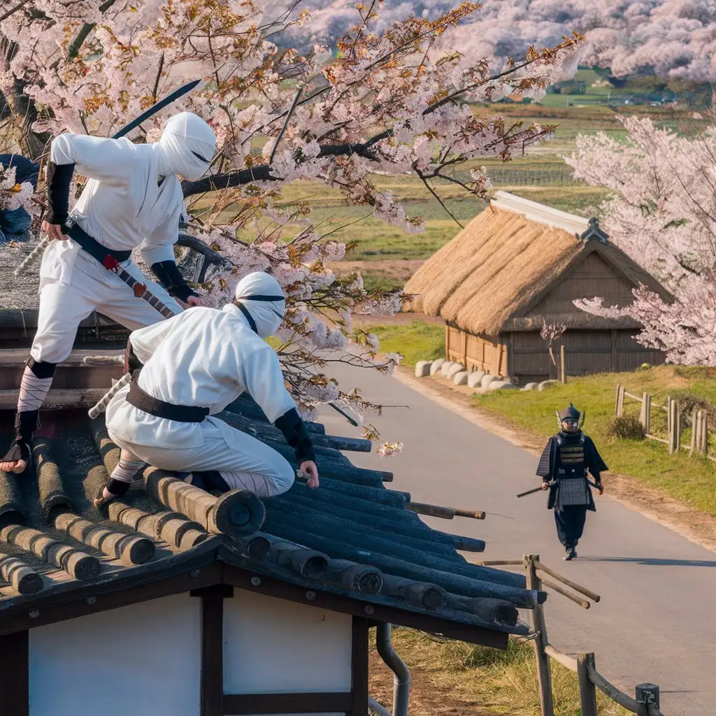 Ninja-Duel-on-Rooftop-with-Samurai-in-Sakura-Landscape